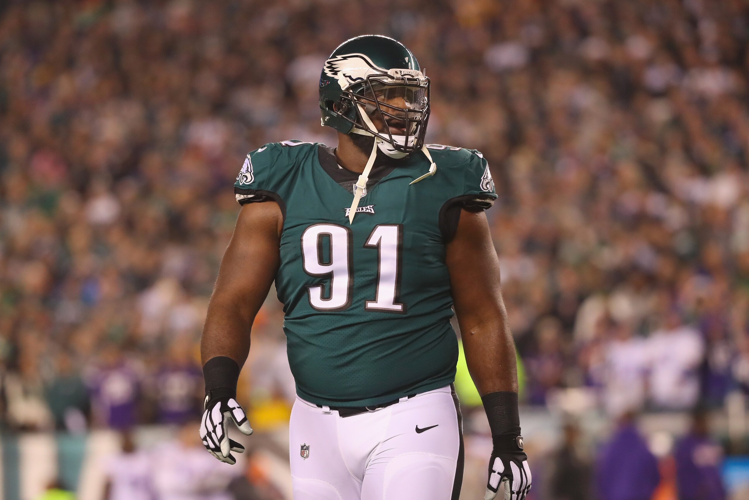 PHILADELPHIA, PA - JANUARY 21: Fletcher Cox #91 of the Philadelphia Eagles reacts after a first quarter touchdown by the Minnesota Vikings in the NFC Championship game at Lincoln Financial Field on January 21, 2018 in Philadelphia, Pennsylvania. (Photo b PHILADELPHIA, PA - JANUARY 21: Fletcher Cox #91 of the Philadelphia Eagles reacts after a first quarter touchdown by the Minnesota Vikings in the NFC Championship game at Lincoln Financial Field on January 21, 2018 in Philadelphia, Pennsylvania. (Photo b