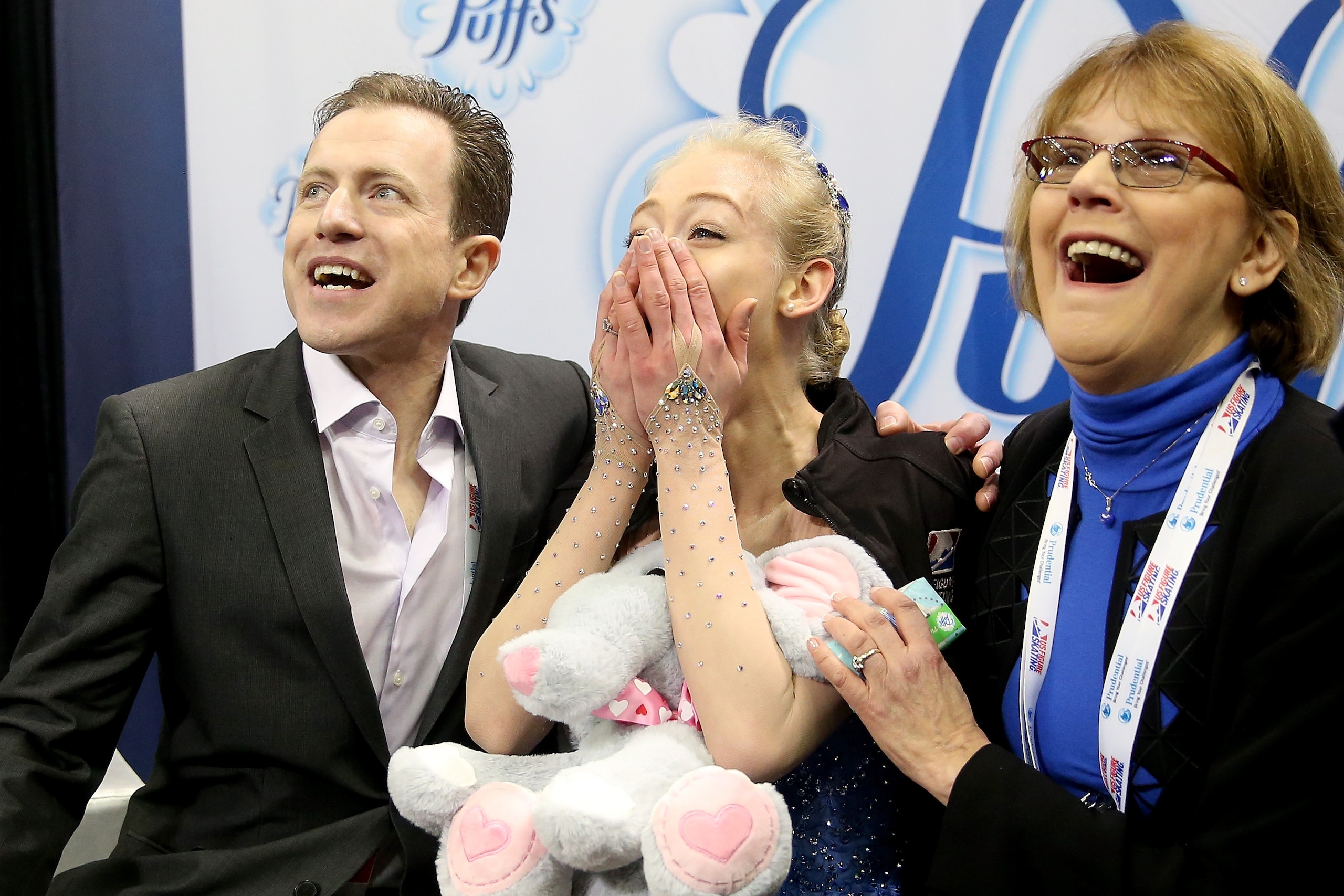 SAN JOSE, CA - JANUARY 05:  Bradie Tennell celebrates in the kiss and cry with coaches Jeremy Allen and Denise Myers after the Ladies Free Skate during the 2018 Prudential U.S. Figure Skating Championships at the SAP Center on January 5, 2018 in San Jose,
