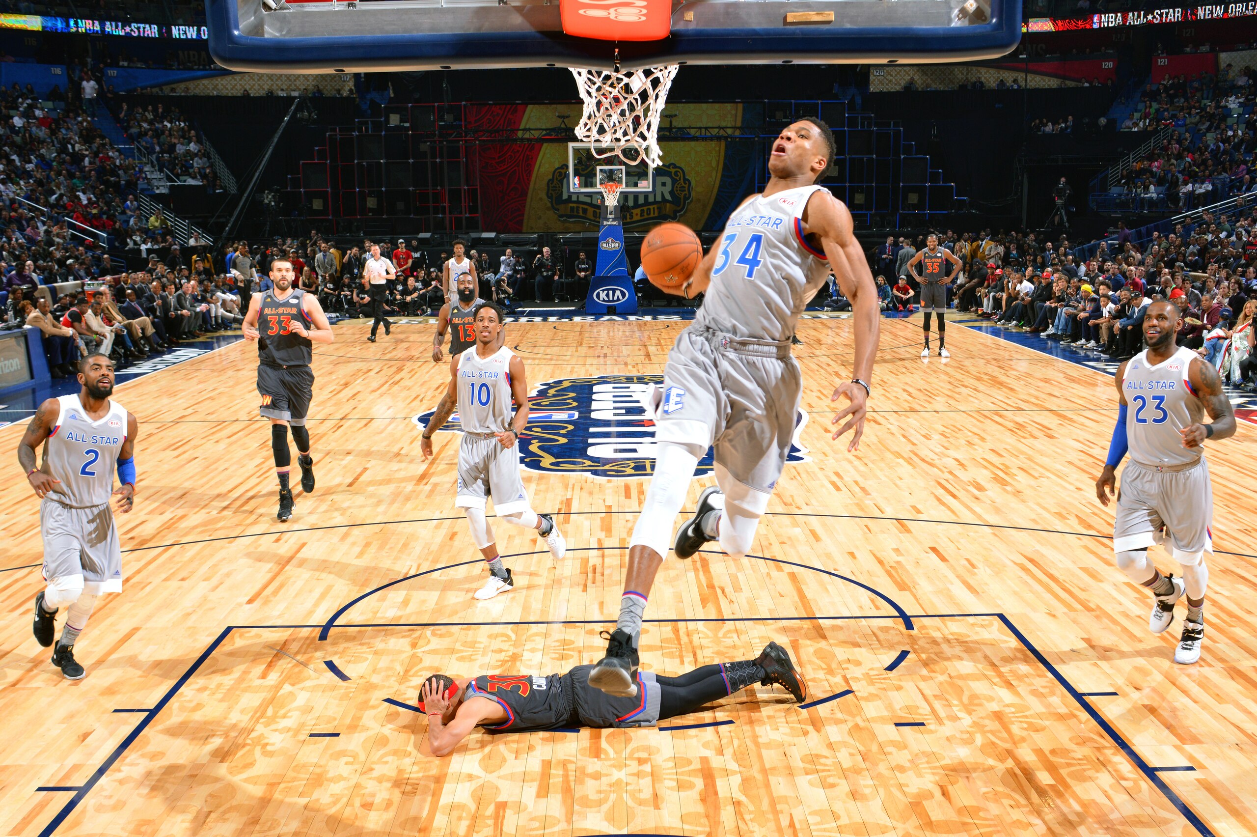 NEW ORLEANS, LA - FEBRUARY 19:  Giannis Antetokounmpo #34 of the Eastern Conference All-Star Team drives to the basket against the Western Conference All-Star Team during the NBA All-Star Game as part of the 2017 NBA All Star Weekend on February 19, 2017 