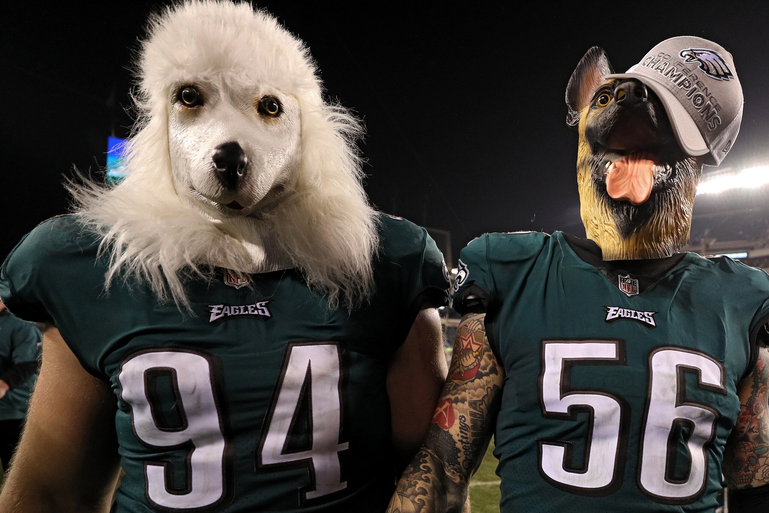 PHILADELPHIA, PA - JANUARY 21: Beau Allen #94 and Chris Long #56 of the Philadelphia Eagles celebrates their teams win while wearing a dog masks over the Minnesota Vikings in the NFC Championship game at Lincoln Financial Field on January 21, 2018 in Phil PHILADELPHIA, PA - JANUARY 21: Beau Allen #94 and Chris Long #56 of the Philadelphia Eagles celebrates their teams win while wearing a dog masks over the Minnesota Vikings in the NFC Championship game at Lincoln Financial Field on January 21, 2018 in Phil