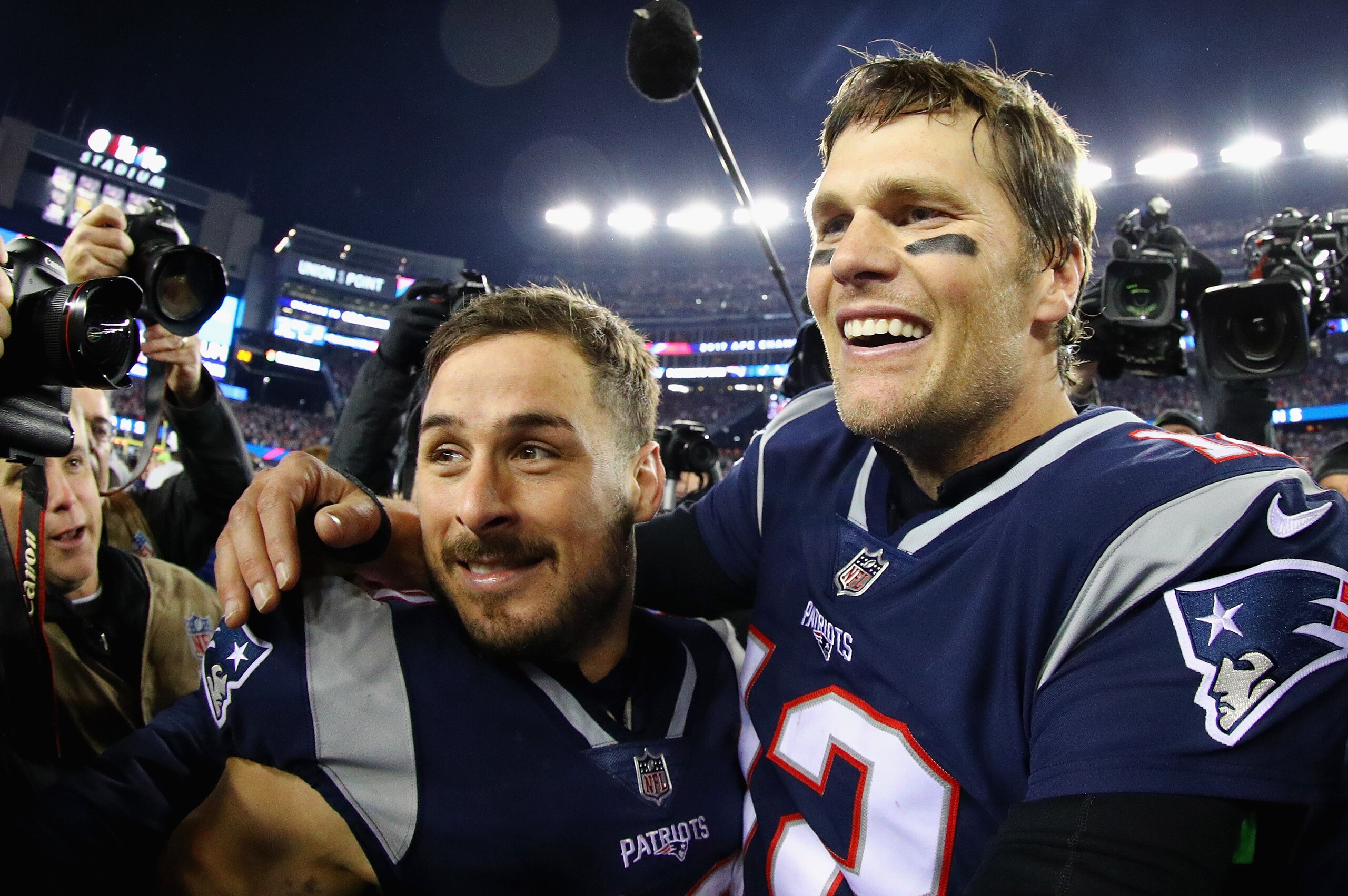 FOXBOROUGH, MA - JANUARY 21:  Tom Brady #12 of the New England Patriots celebrates with Danny Amendola #80 after winning the AFC Championship Game against the Jacksonville Jaguars at Gillette Stadium on January 21, 2018 in Foxborough, Massachusetts.  (Pho
