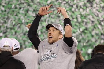 PHILADELPHIA, PA - JANUARY 21:  Nick Foles #9 of the Philadelphia Eagles celebrates his teams win over the Minnesota Vikings in the NFC Championship game at Lincoln Financial Field on January 21, 2018 in Philadelphia, Pennsylvania. The Philadelphia Eagles