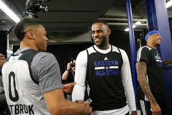 TORONTO, CANADA - FEBRUARY 13:  Russell Westbrook #0 of the Western Conference shakes hands with LeBron James #23 of the Eastern Conference during the NBA All-Star Practice as part of 2016 All-Star Weekend at the Ricoh Coliseum on February 13, 2016 in Tor
