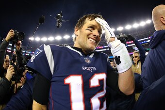 FOXBOROUGH, MA - JANUARY 21:  Tom Brady #12 of the New England Patriots reacts after winning the AFC Championship Game against the Jacksonville Jaguars at Gillette Stadium on January 21, 2018 in Foxborough, Massachusetts.  (Photo by Maddie Meyer/Getty Ima