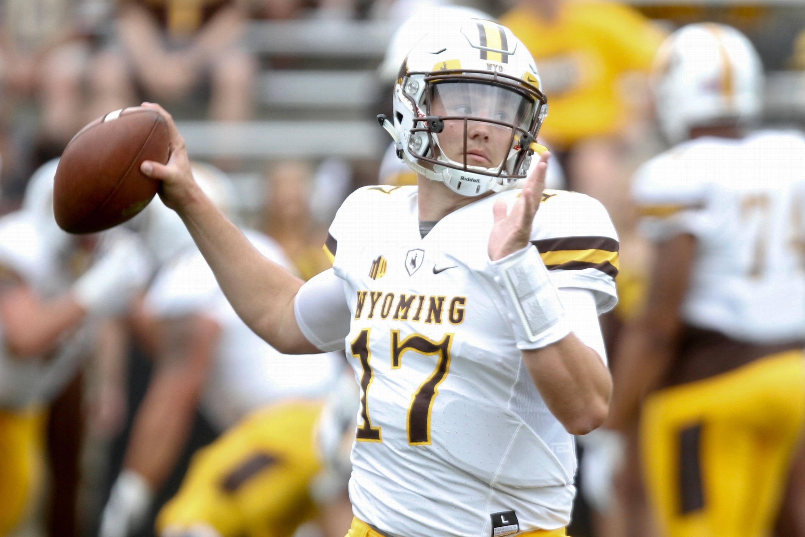 IOWA CITY, IOWA- SEPTEMBER 2:  Quarterback Josh Allen #17 of the Wyoming Cowboys warms up before the match-up against the Iowa Hawkeyes, on September 2, 2017 at Kinnick Stadium in Iowa City, Iowa.  (Photo by Matthew Holst/Getty Images)