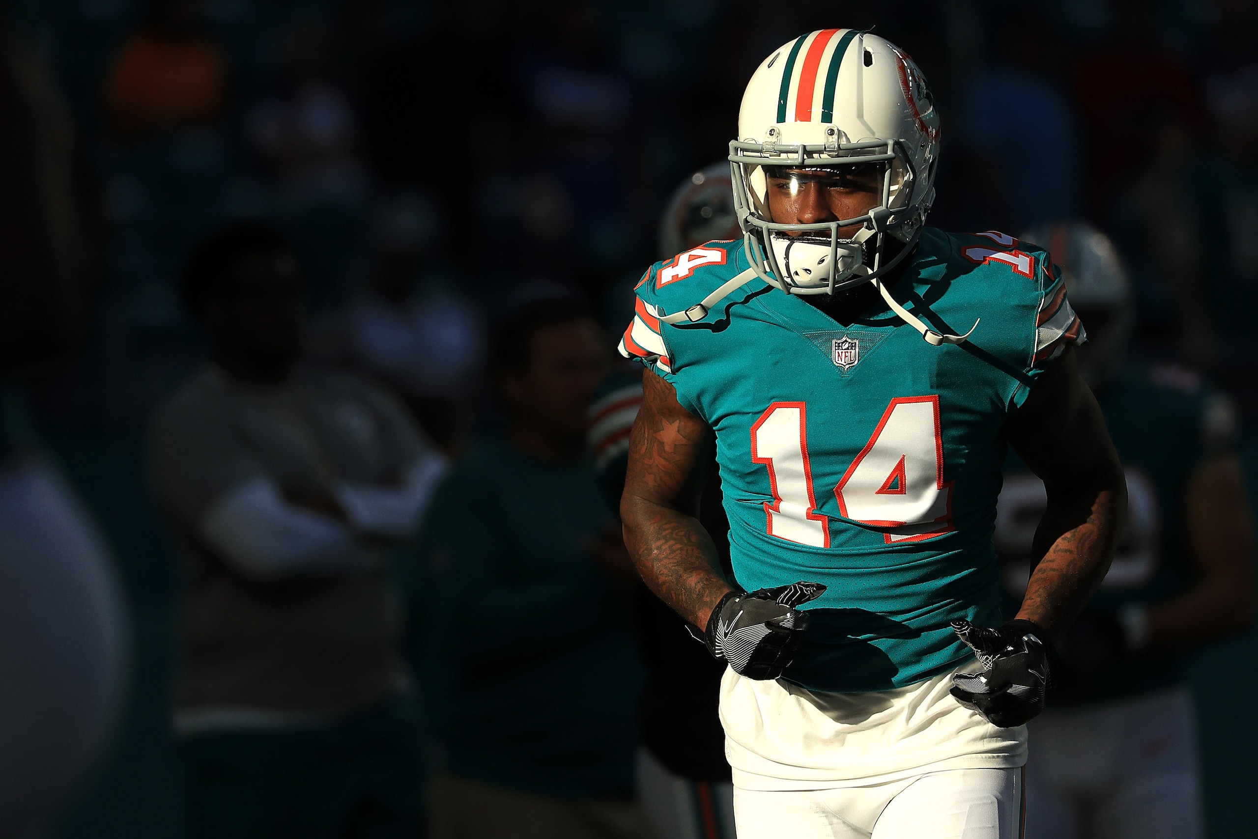 MIAMI GARDENS, FL - DECEMBER 31: Jarvis Landry #14 of the Miami Dolphins during pregame against the Buffalo Bills at Hard Rock Stadium on December 31, 2017 in Miami Gardens, Florida. (Photo by Mike Ehrmann/Getty Images)