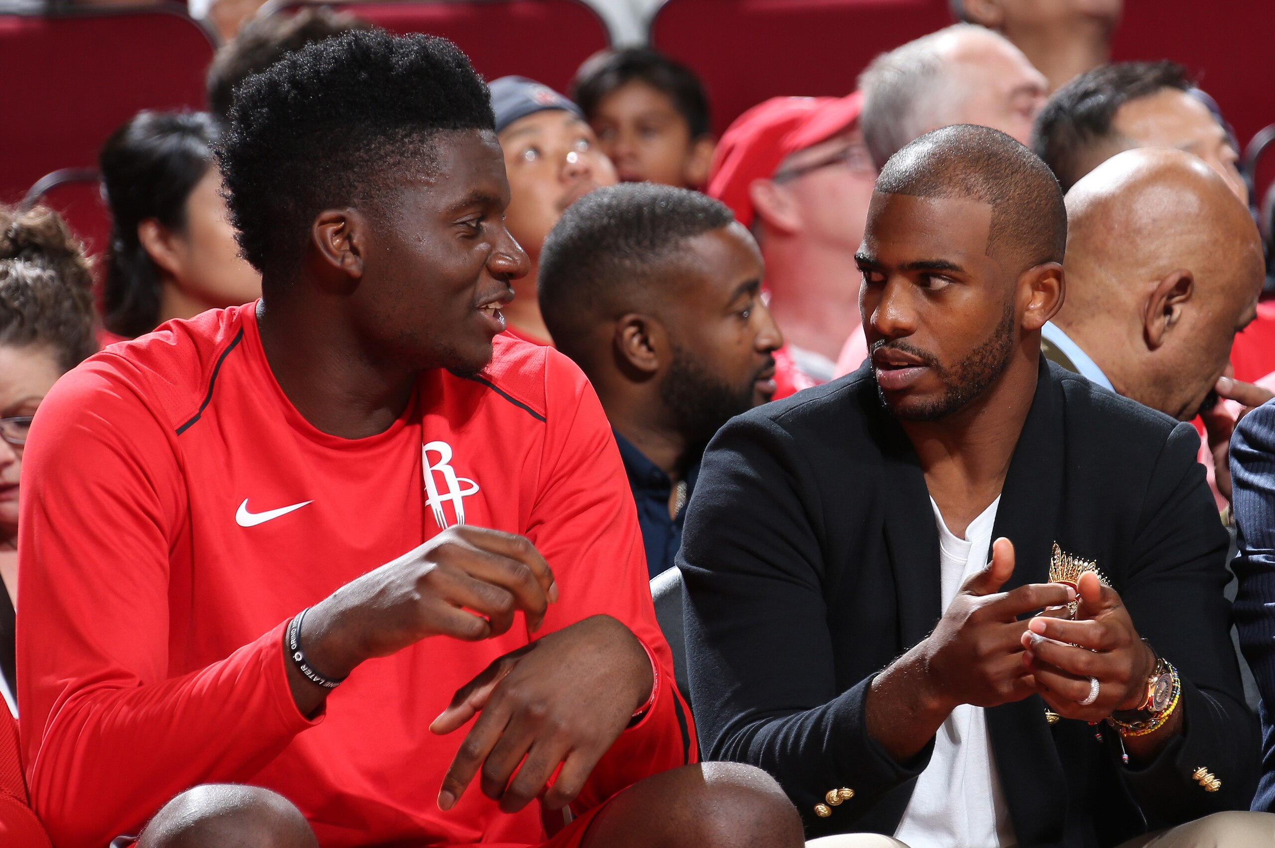 HOUSTON, TX - OCTOBER 21: Clint Capela #15 and Chris Paul #3 of the Houston Rockets talk during the game against the Dallas Mavericks on October 21, 2017 at the Toyota Center in Houston, Texas. NOTE TO USER: User expressly acknowledges and agrees that, by