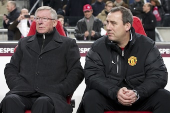 (L-R) Sir Alex Ferguson of Manchester United,Rene Meulensteen of Manchester United during the UEFA Europa League round of 32 match between AFC Ajax and Manchester United FC at the Amsterdam Arena on February 16, 2012 in Amsterdam, Netherlands. (Photo by V
