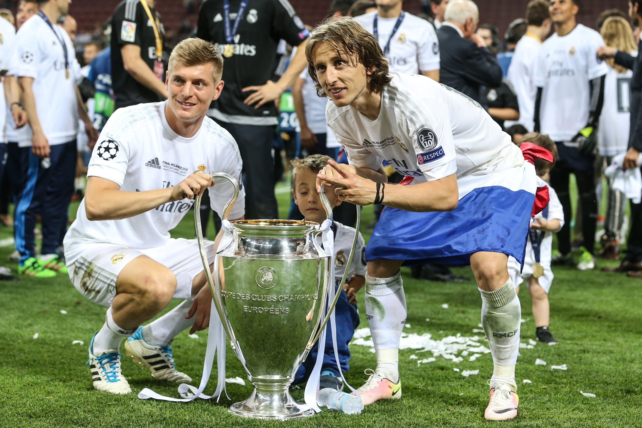 Toni Kroos of Real Madrid, Luka Modric of Real Madrid during the UEFA Champions League final match between Real Madrid and Atletico Madrid on May 28, 2016 at the Giuseppe Meazza San Siro stadium in Milan, Italy.(Photo by VI Images via Getty Images)