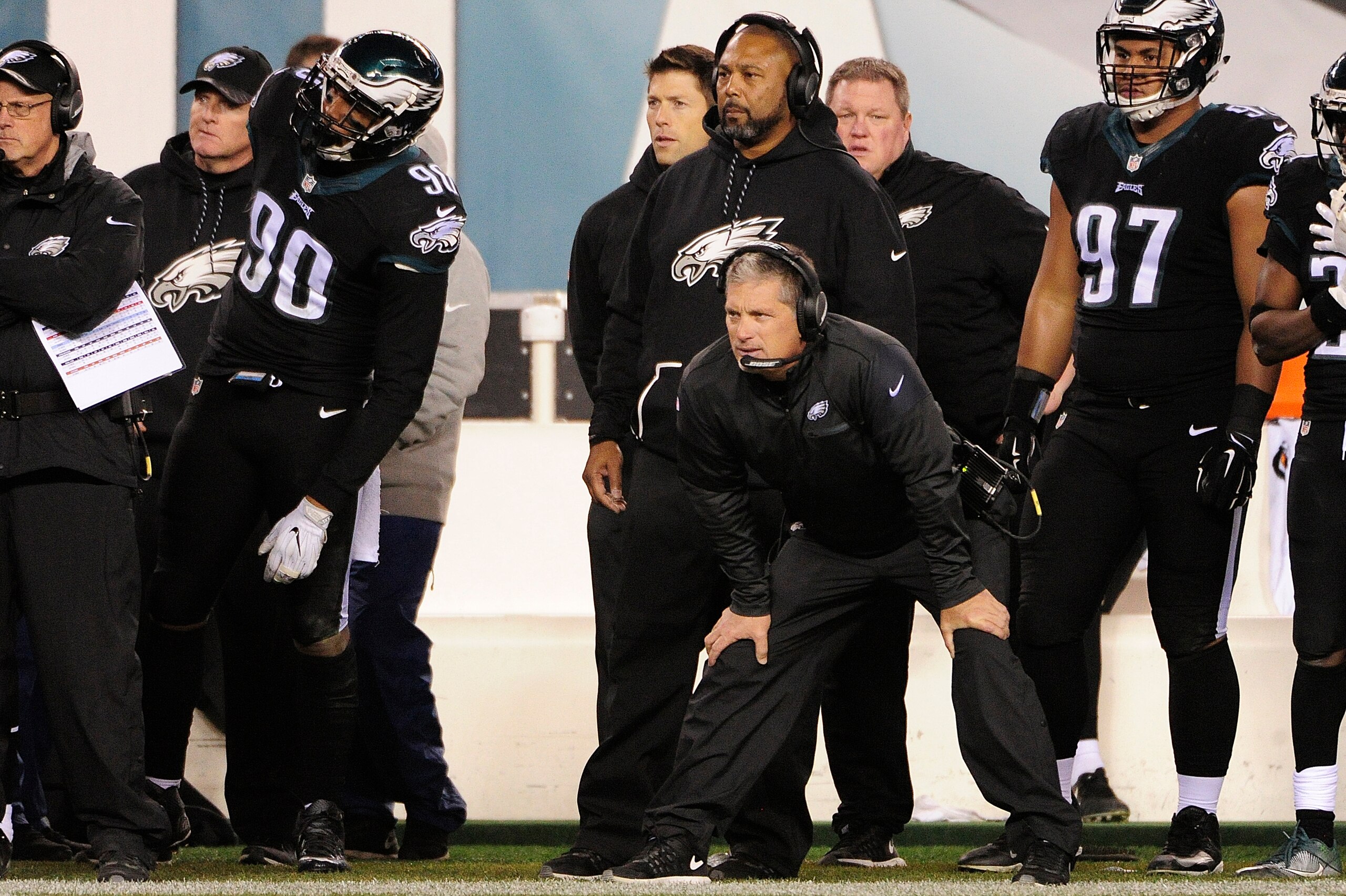 PHILADELPHIA, PA - NOVEMBER 28: Philadelphia Eagles Defensive Coordinator Jim Schwartz watches from the sideline against the Green Bay Packers during the fourth quarter at Lincoln Financial Field on November 28, 2016 in Philadelphia, Pennsylvania. Green B