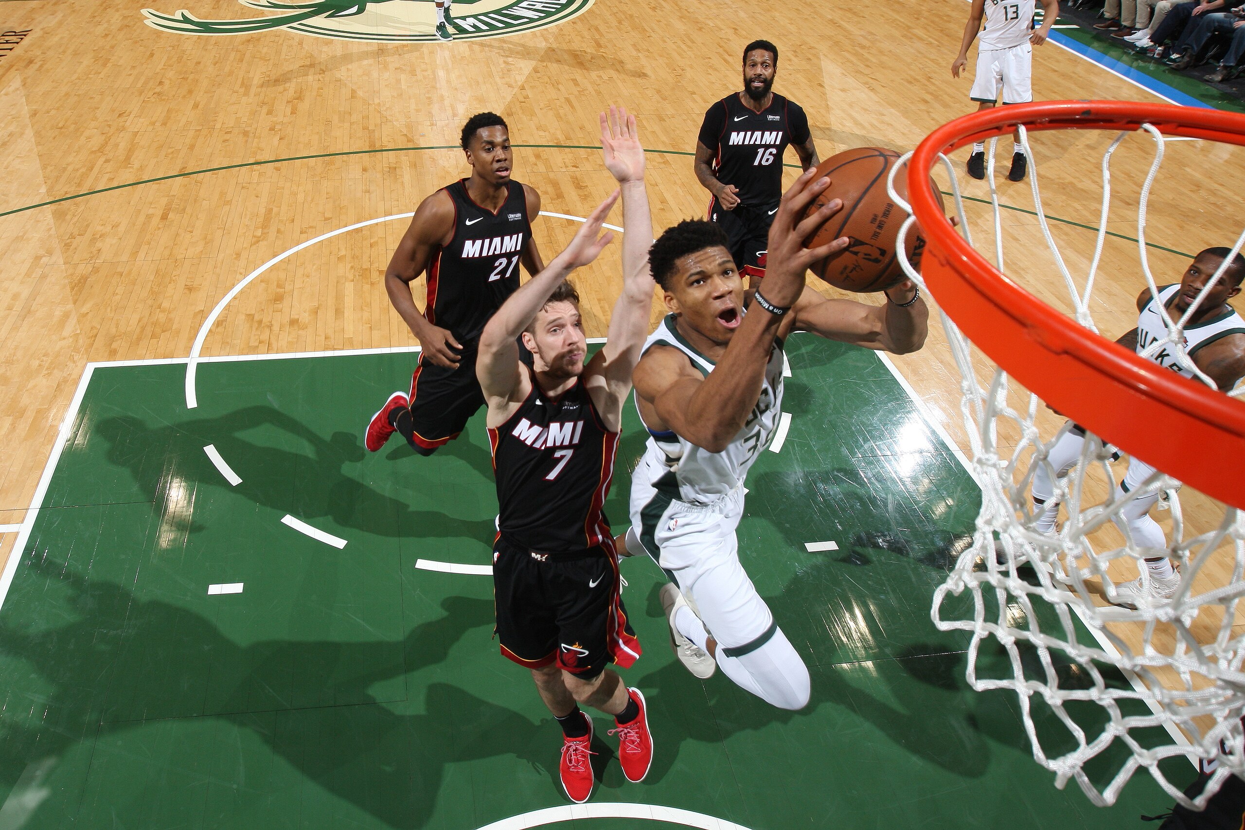 MILWAUKEE, WI - JANUARY 17: Giannis Antetokounmpo #34 of the Milwaukee Bucks goes to the basket against the Miami Heat on January 17, 2018 at the BMO Harris Bradley Center in Milwaukee, Wisconsin. NOTE TO USER: User expressly acknowledges and agrees that, MILWAUKEE, WI - JANUARY 17: Giannis Antetokounmpo #34 of the Milwaukee Bucks goes to the basket against the Miami Heat on January 17, 2018 at the BMO Harris Bradley Center in Milwaukee, Wisconsin. NOTE TO USER: User expressly acknowledges and agrees that,