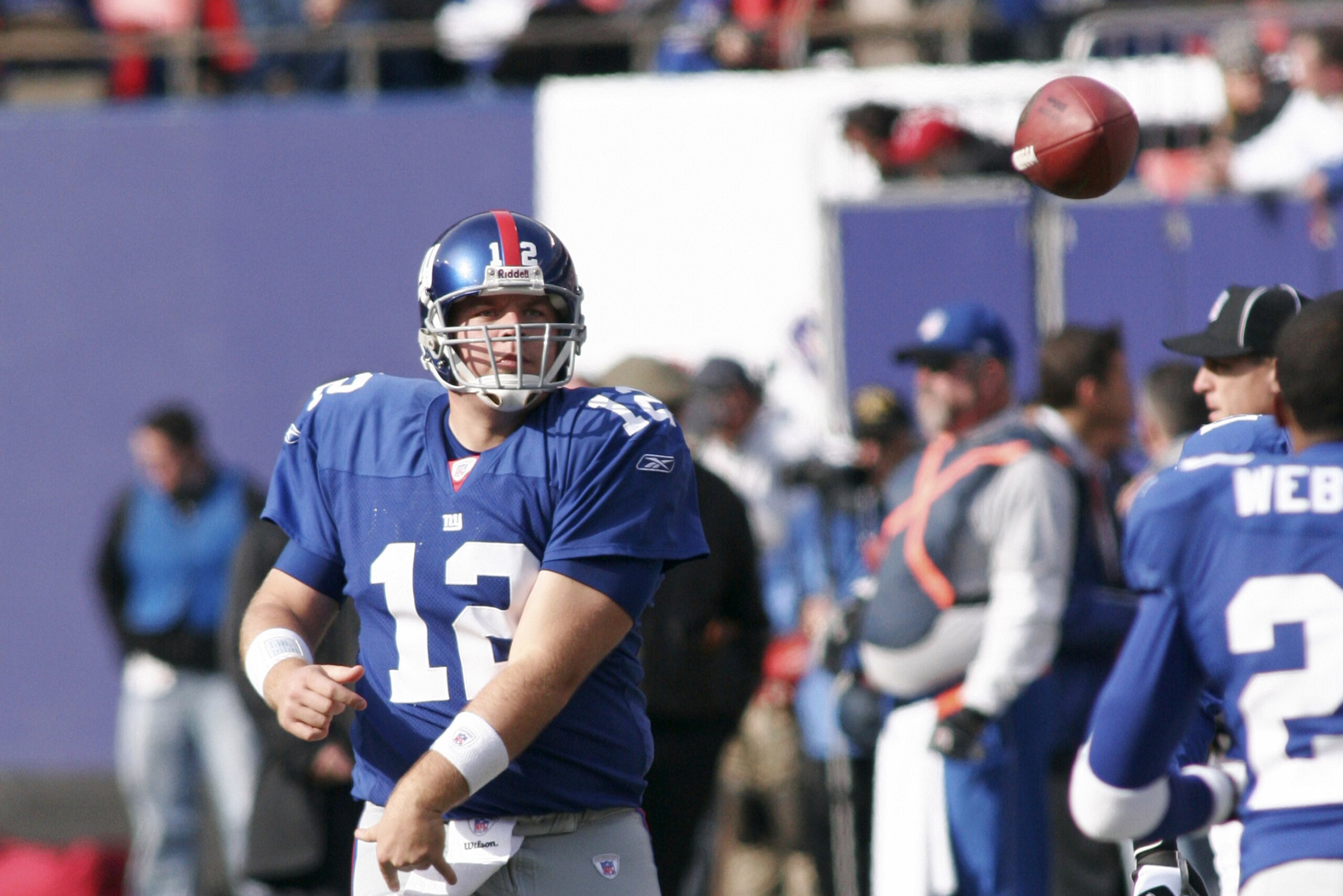 Giants Quarterback Jared Lorenzen warms up on the sidelines before the New York Giants beat the Texans 14 to 10 on November 5th, 2006 at The Meadowlands in East Rutherford, New Jersey. (Photo by James R. Morton/NFLPhotoLibrary)
