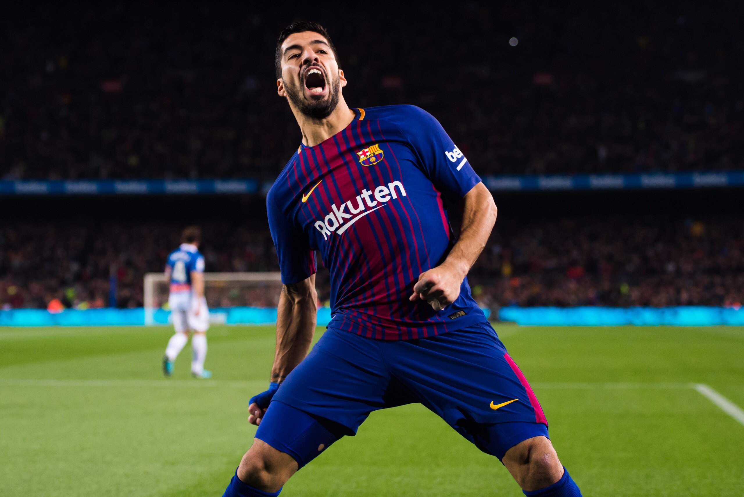 BARCELONA, SPAIN - JANUARY 25:  Luis Suarez of FC Barcelona celebrates after scoring the opening goal during the Spanish Copa del Rey Quarter Final Second Leg match between FC Barcelona and RCD Espanyol at Camp Nou stadium at Camp Nou on January 25, 2018 