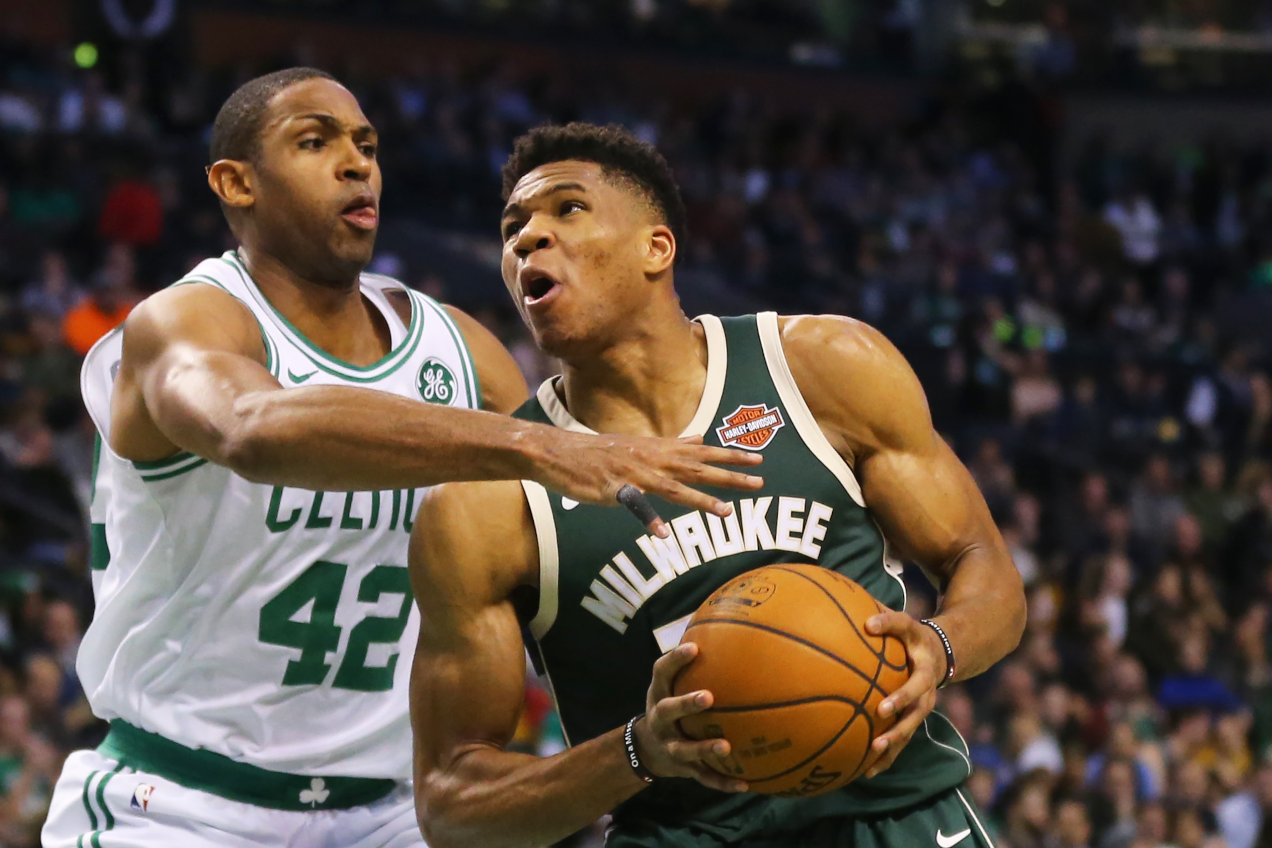 BOSTON, MA - DECEMBER 4: Al Horford #42 of the Boston Celtics defends Giannis Antetokounmpo #34 of the Milwaukee Bucks during the second quarter at TD Garden on December 4, 2017 in Boston, Massachusetts. (Photo by Maddie Meyer/Getty Images)