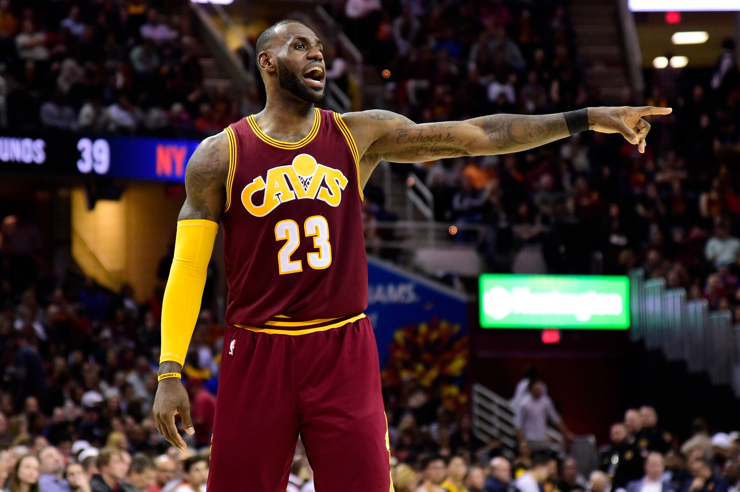 CLEVELAND, OH - FEBRUARY 23: LeBron James #23 of the Cleveland Cavaliers yells to his teammates during the second half against the New York Knicks at Quicken Loans Arena on February 23, 2017 in Cleveland, Ohio. The Cavaliers defeated the Knicks 119-104. N CLEVELAND, OH - FEBRUARY 23: LeBron James #23 of the Cleveland Cavaliers yells to his teammates during the second half against the New York Knicks at Quicken Loans Arena on February 23, 2017 in Cleveland, Ohio. The Cavaliers defeated the Knicks 119-104. N