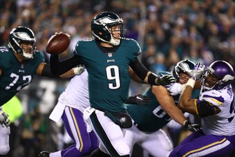 PHILADELPHIA, PA - JANUARY 21:  Nick Foles #9 of the Philadelphia Eagles in action against the Minnesota Vikings during their NFC Championship game at Lincoln Financial Field on January 21, 2018 in Philadelphia, Pennsylvania.  (Photo by Al Bello/Getty Ima