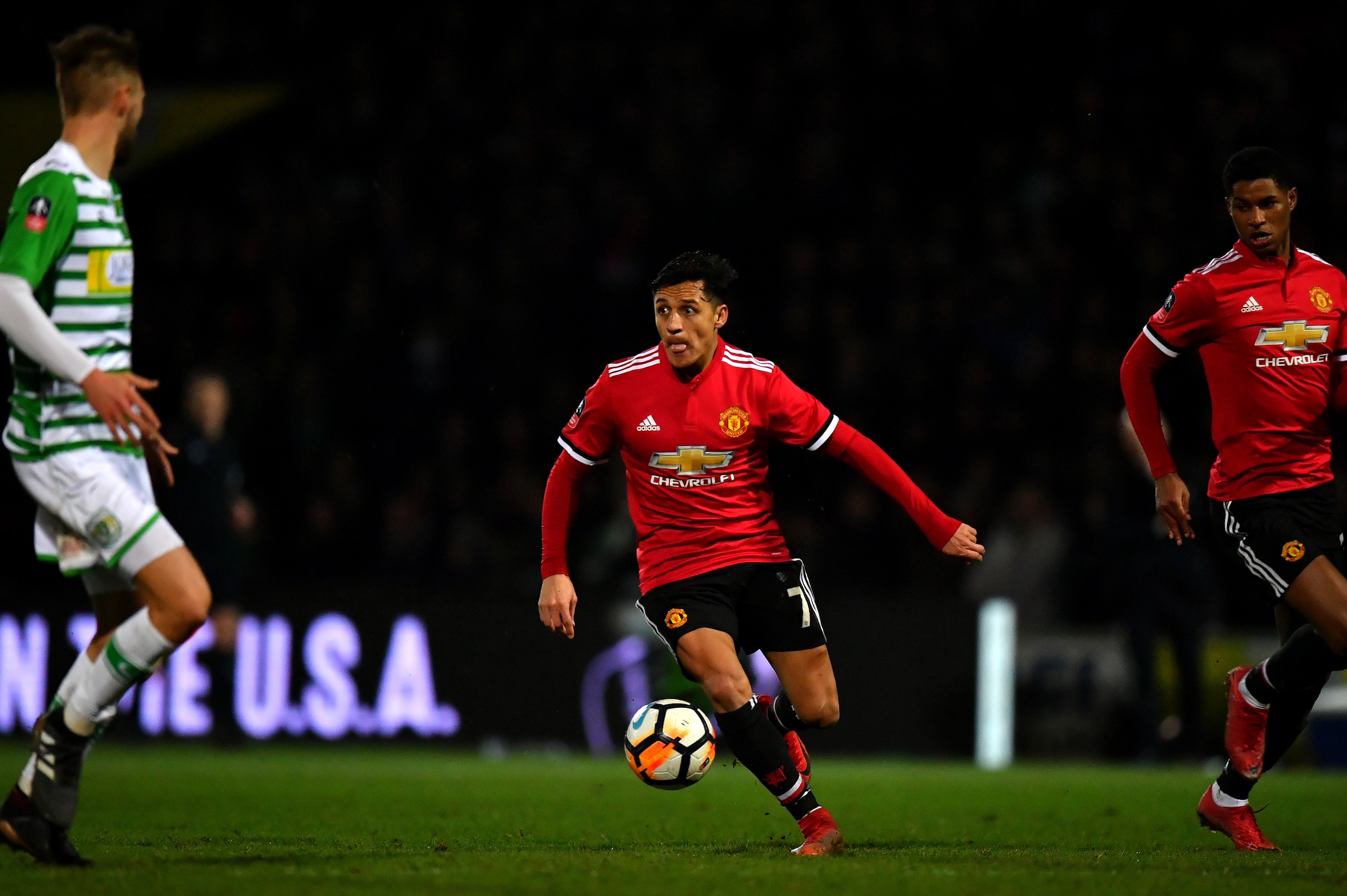 YEOVIL, ENGLAND - JANUARY 26:  Alexis Sanchez of Manchester United in action during The Emirates FA Cup Fourth Round match between Yeovil Town and Manchester United at Huish Park on January 26, 2018 in Yeovil, England.  (Photo by Dan Mullan/Getty Images)