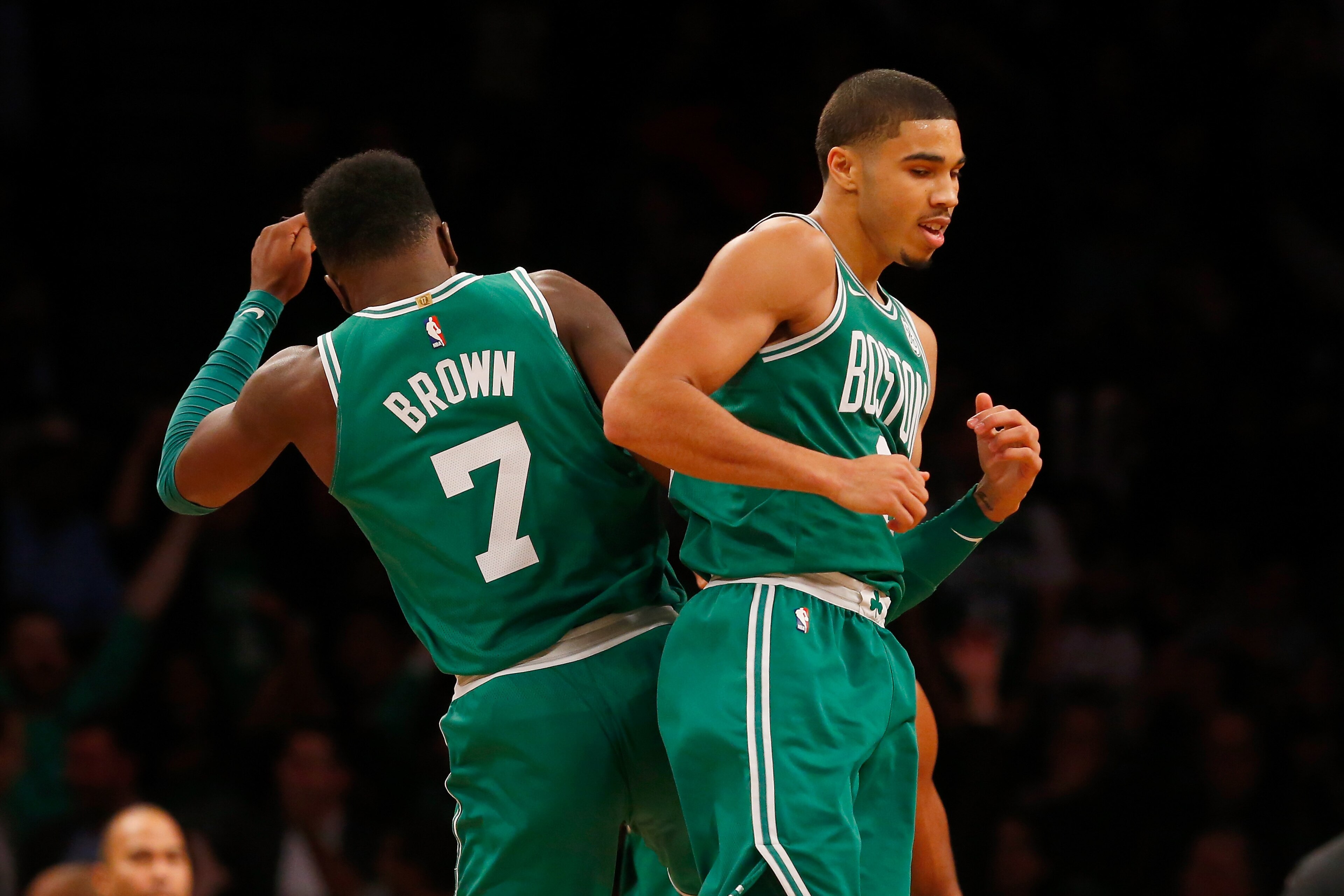 BROOKLYN, NY - NOVEMBER 14: (NEW YORK DAILIES OUT) Jayson Tatum #0 and Jaylen Brown #7 of the Boston Celtics in action against the Brooklyn Nets at Barclays Center on November 14, 2017 in the Brooklyn borough of New York City. The Celtics defeated the BROOKLYN, NY - NOVEMBER 14: (NEW YORK DAILIES OUT) Jayson Tatum #0 and Jaylen Brown #7 of the Boston Celtics in action against the Brooklyn Nets at Barclays Center on November 14, 2017 in the Brooklyn borough of New York City. The Celtics defeated the