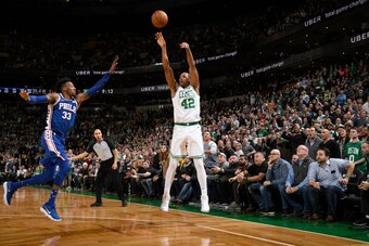 BOSTON, MA - JANUARY 18: Al Horford #42 of the Boston Celtics shoots the ball against the Philadelphia 76ers on January 18, 2018 at the TD Garden in Boston, Massachusetts. NOTE TO USER: User expressly acknowledges and agrees that, by downloading and/or us