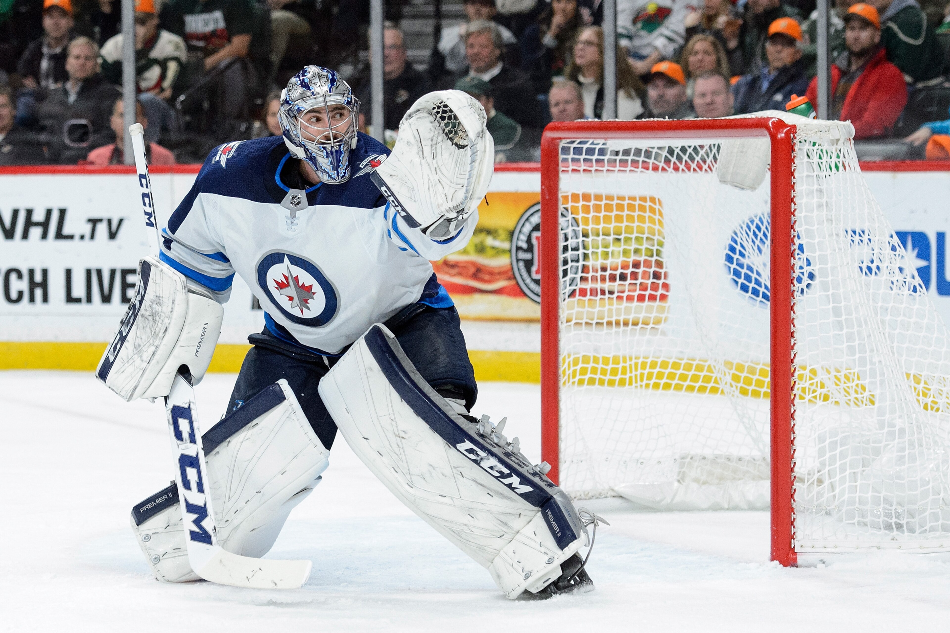 ST PAUL, MN - OCTOBER 31: Connor Hellebuyck #37 of the Winnipeg Jets defends the net against the Minnesota Wild during the game on October 31, 2017 at Xcel Energy Center in St Paul, Minnesota. The Jets defeated the Wild 2-1. (Photo by Hannah Foslien/Getty ST PAUL, MN - OCTOBER 31: Connor Hellebuyck #37 of the Winnipeg Jets defends the net against the Minnesota Wild during the game on October 31, 2017 at Xcel Energy Center in St Paul, Minnesota. The Jets defeated the Wild 2-1. (Photo by Hannah Foslien/Getty