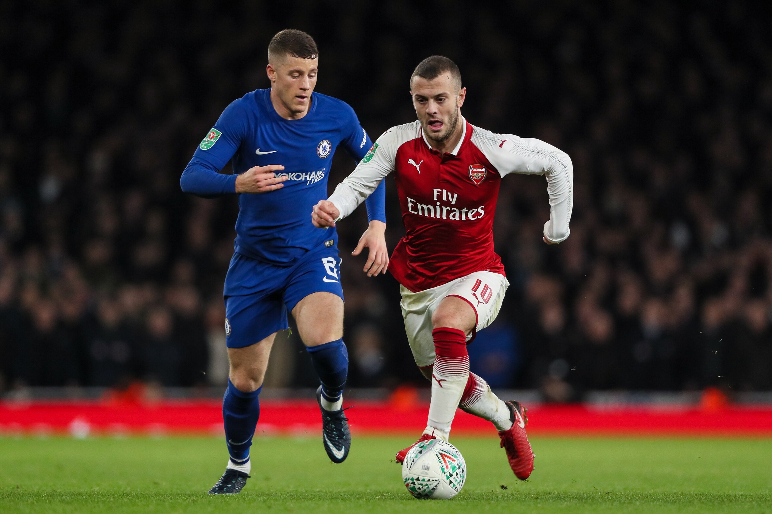 LONDON, ENGLAND - JANUARY 24: Ross Barkley of Chelsea and Jack Wilshere of Arsenal during the Carabao Cup Semi-Final Second Leg match between Arsenal and Chelsea at The Emirates Stadium on January 24, 2018 in London, England. (Photo by Matthew Ashton - AM