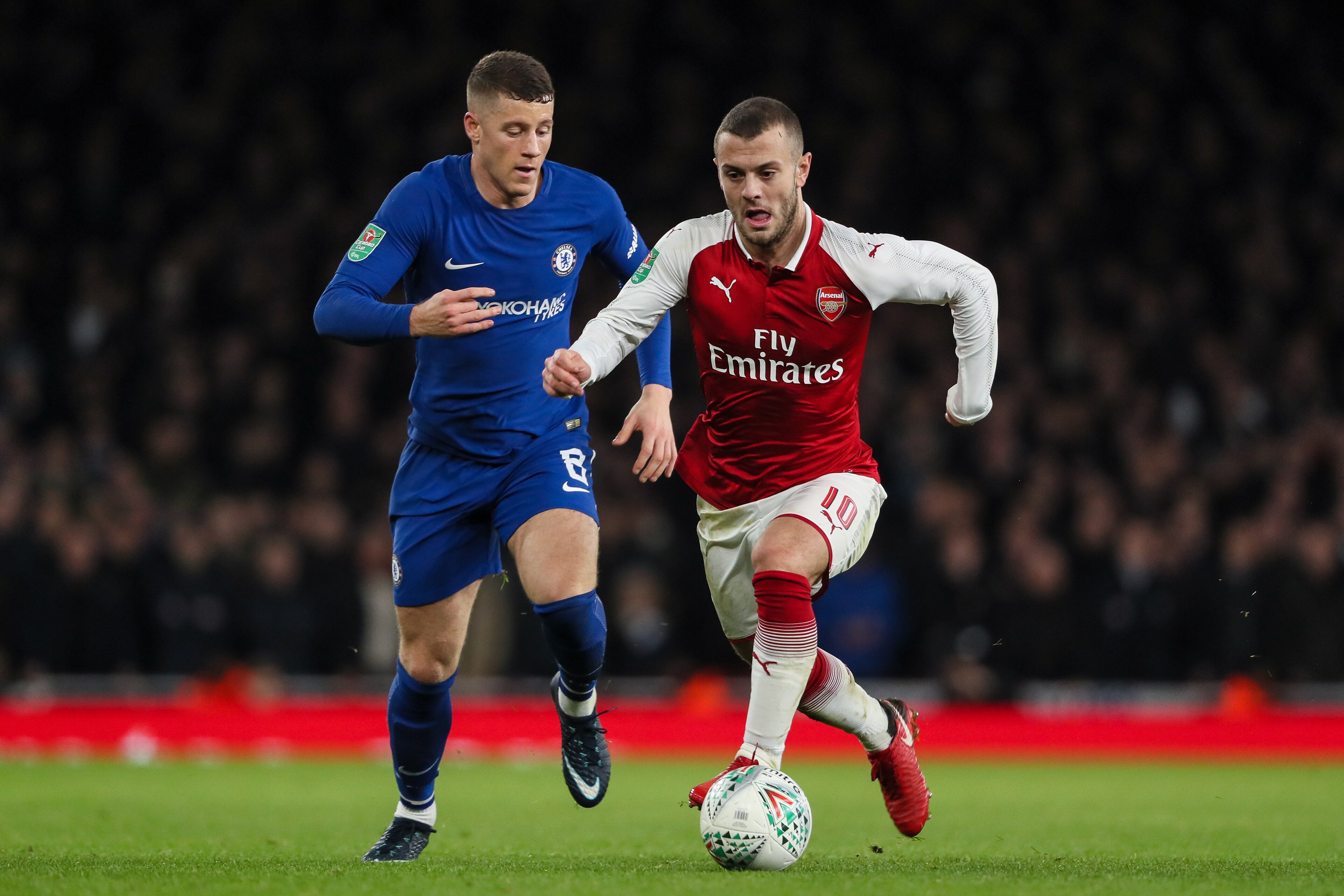 LONDON, ENGLAND - JANUARY 24: Ross Barkley of Chelsea and Jack Wilshere of Arsenal during the Carabao Cup Semi-Final Second Leg match between Arsenal and Chelsea at The Emirates Stadium on January 24, 2018 in London, England. (Photo by Matthew Ashton - AM