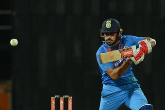 Indian cricketer Manish Pandey plays a shot during the Twenty20 (T20) international cricket match between Sri Lanka and India at R. Premadasa Stadium in Colombo on September 6, 2017. / AFP PHOTO / LAKRUWAN WANNIARACHCHI        (Photo credit should read LA