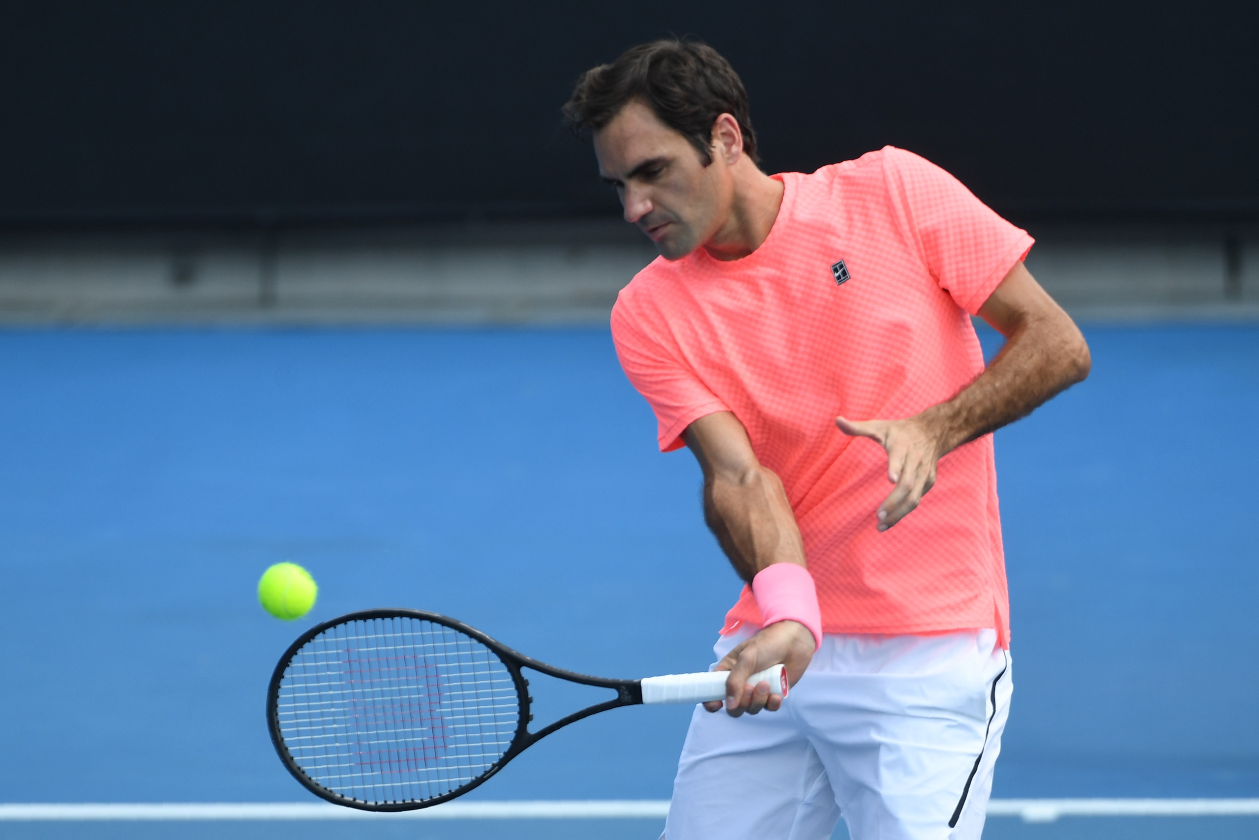 Switzerland's Roger Federer takes part in a training session, ahead of his men's singles final match, on day 13 of the Australian Open tennis tournament in Melbourne on January 27, 2018. 
Federer will play Croatia's Marin Cilic in their men's singles fina