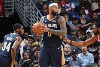 NEW ORLEANS, LA - JANUARY 26: DeMarcus Cousins #0 of the New Orleans Pelicans handles the ball against the Houston Rockets on January 26, 2018 at Smoothie King Center in New Orleans, Louisiana. NOTE TO USER: User expressly acknowledges and agrees that, by