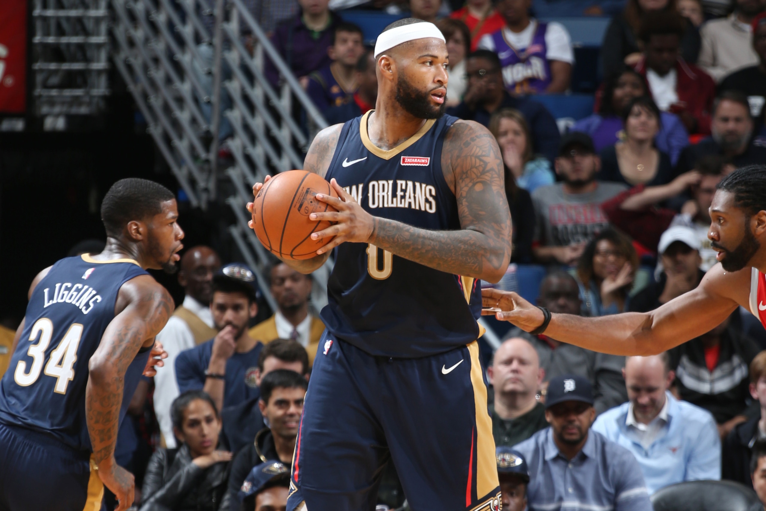 NEW ORLEANS, LA - JANUARY 26: DeMarcus Cousins #0 of the New Orleans Pelicans handles the ball against the Houston Rockets on January 26, 2018 at Smoothie King Center in New Orleans, Louisiana. NOTE TO USER: User expressly acknowledges and agrees that, by