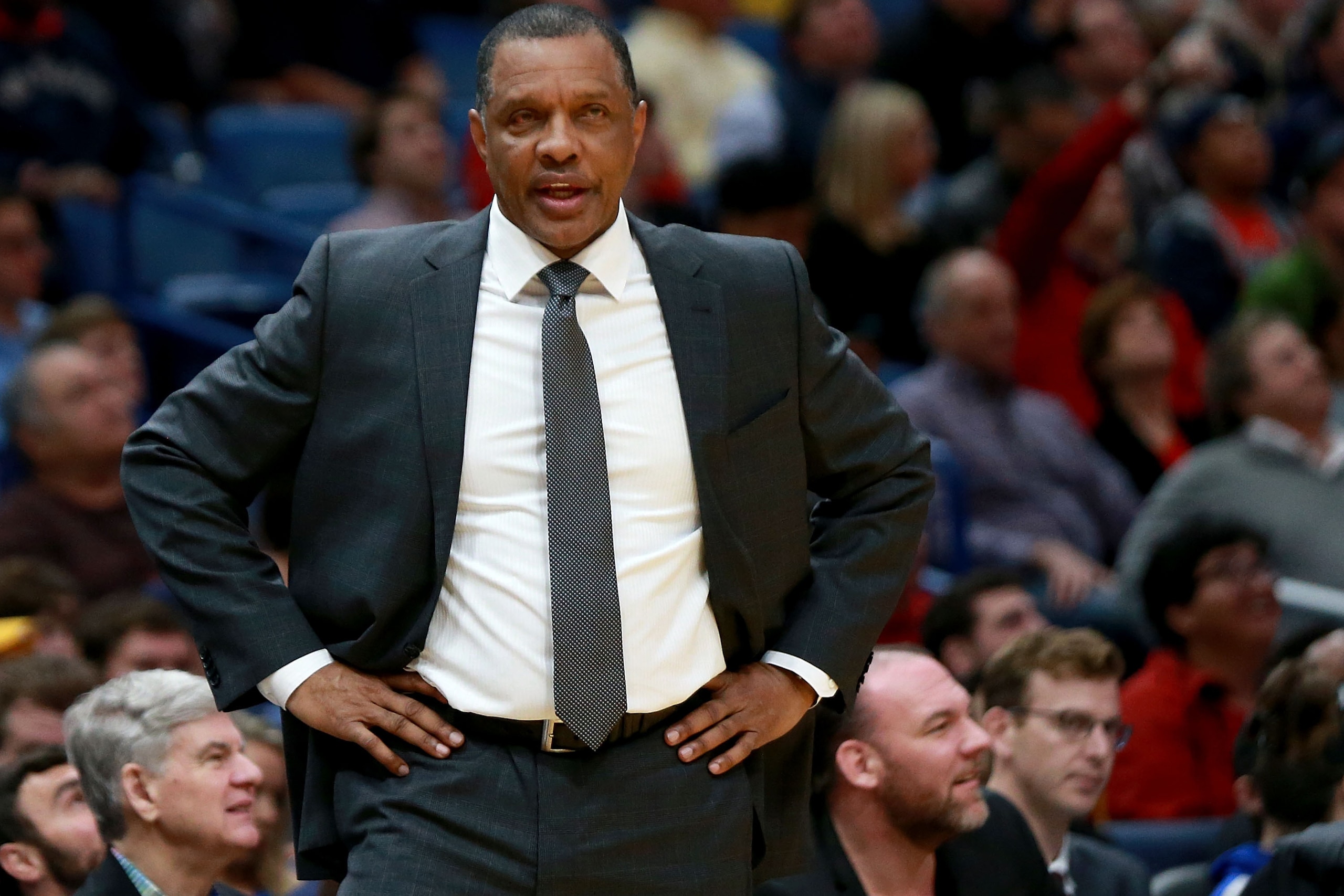 NEW ORLEANS, LA - JANUARY 22:  Alvin Gentry of the New Orleans Pelicans looks on as his team plays against the Chicago Bulls during a NBA game at the Smoothie King Center on January 22, 2018 in New Orleans, Louisiana. NOTE TO USER: User expressly acknowle