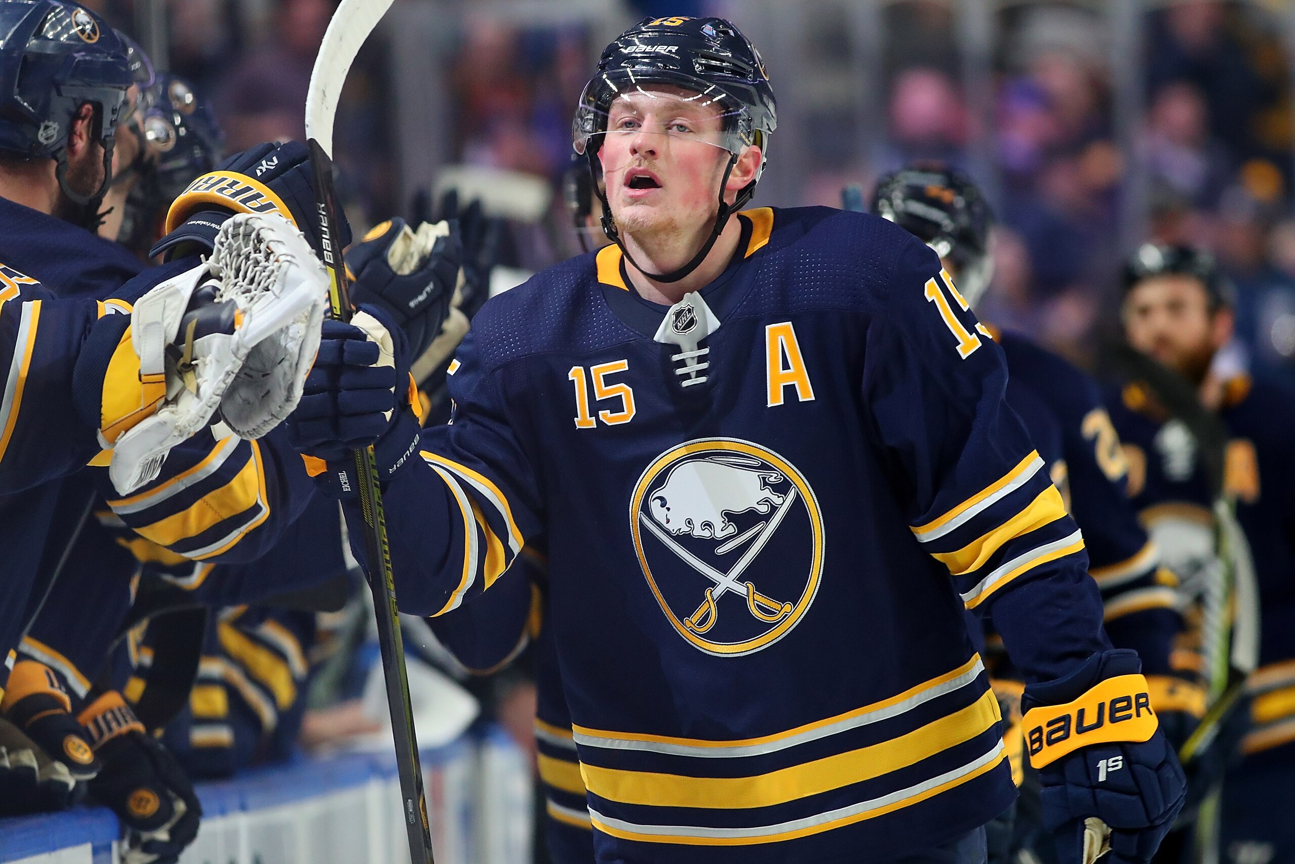 BUFFALO, NY - JANUARY 9: Jack Eichel #15 of the Buffalo Sabres celebrates after scoring a goal against the Winnipeg Jets in the first period at the KeyBank Center on January 9, 2018 in Buffalo, New York. (Photo by Kevin Hoffman/Getty Images)