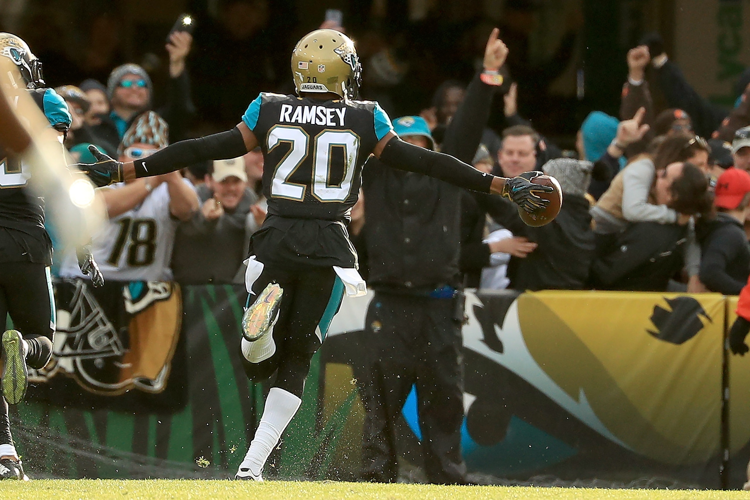 JACKSONVILLE, FL - JANUARY 07: Jalen Ramsey #20 of the Jacksonville Jaguars reacts to an interception during AFC Wild Card playoff game against the Buffalo Bills at EverBank Field on January 7, 2018 in Jacksonville, Florida.  (Photo by Mike Ehrmann/Getty 