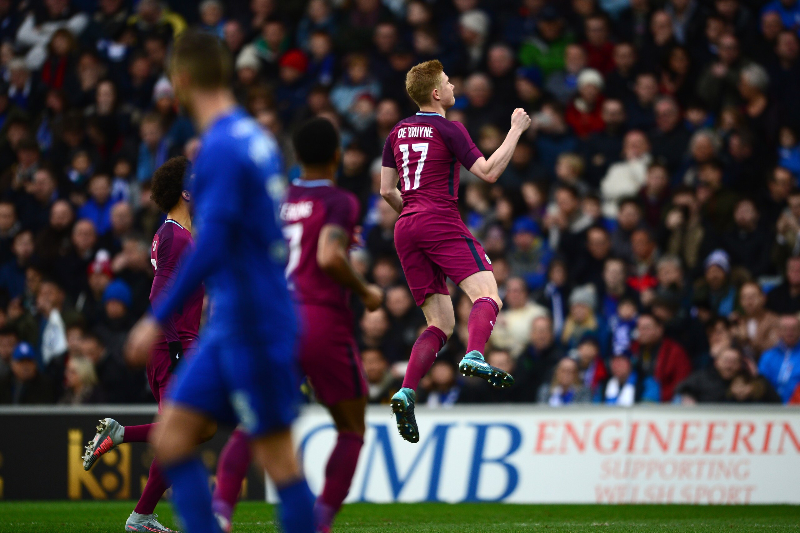 CARDIFF, WALES - JANUARY 28: Kevin De Bruyne of Manchester City celebrates after scoring his sides first goal during The Emirates FA Cup Fourth Round between Cardiff City and Manchester City on January 28, 2018 in Cardiff, United Kingdom. (Photo by Harr CARDIFF, WALES - JANUARY 28: Kevin De Bruyne of Manchester City celebrates after scoring his sides first goal during The Emirates FA Cup Fourth Round between Cardiff City and Manchester City on January 28, 2018 in Cardiff, United Kingdom. (Photo by Harr