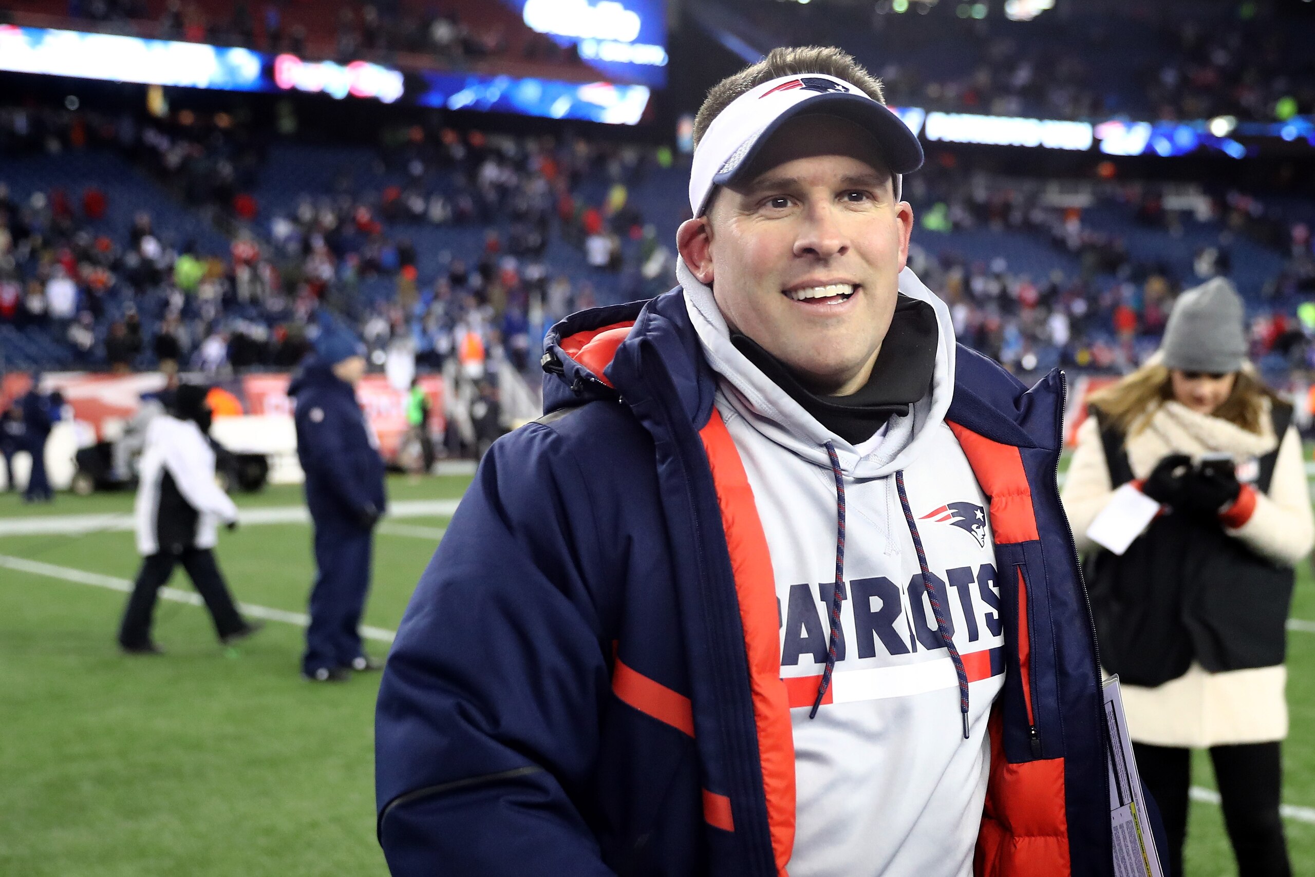 FOXBOROUGH, MA - JANUARY 13:  Offensive Coordinator Josh McDaniels of the New England Patriots reacts after winning the AFC Divisional Playoff game against the Tennessee Titans at Gillette Stadium on January 13, 2018 in Foxborough, Massachusetts.  (Photo 