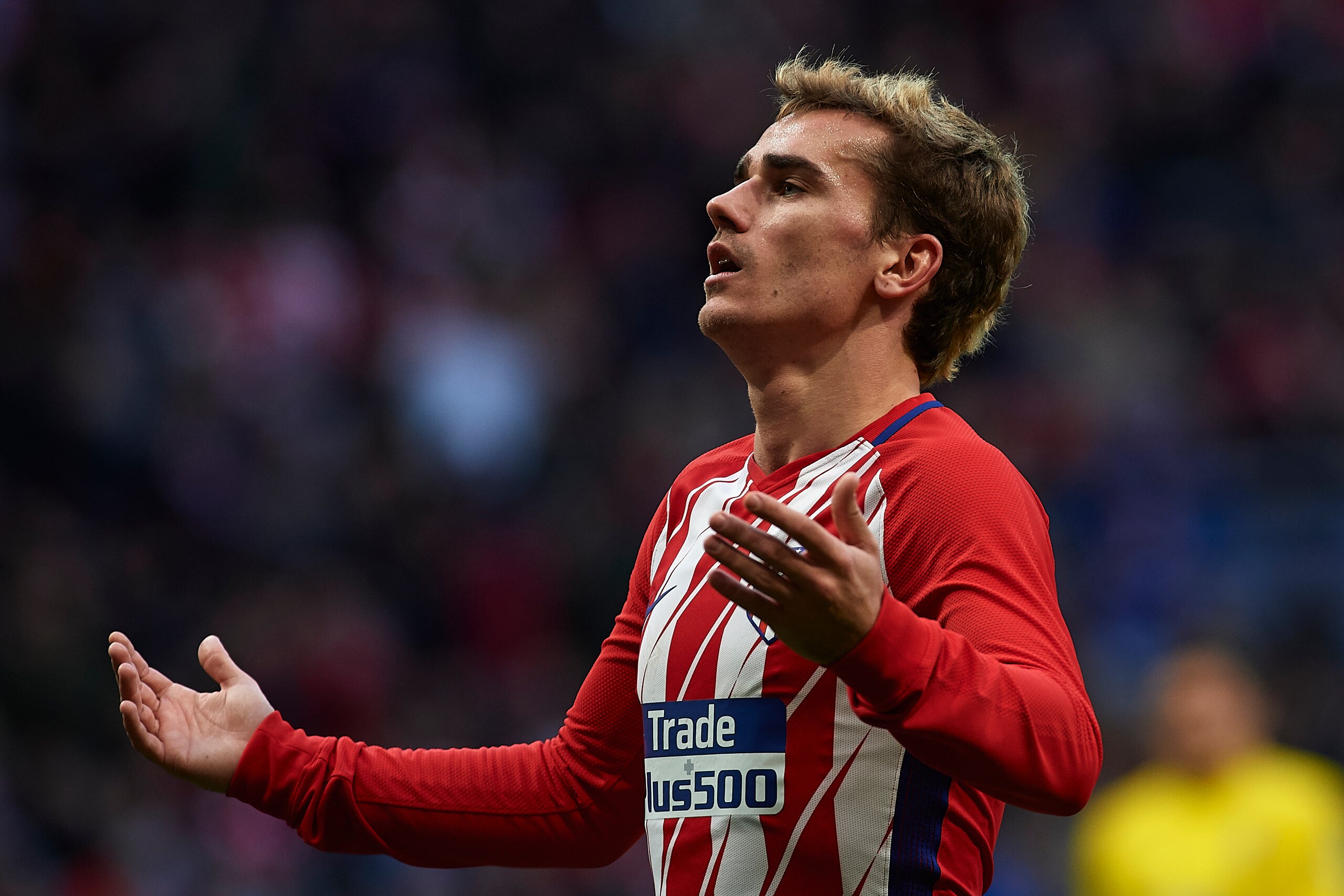 MADRID, SPAIN - JANUARY 28:  Antoine Griezmann of Atletico de Madrid reacts during the La Liga match between Atletico de Madrid and Las Palmas at Wanda Metropolitano on January 28, 2018 in Madrid, Spain.  (Photo by Quality Sport Images/Getty Images)