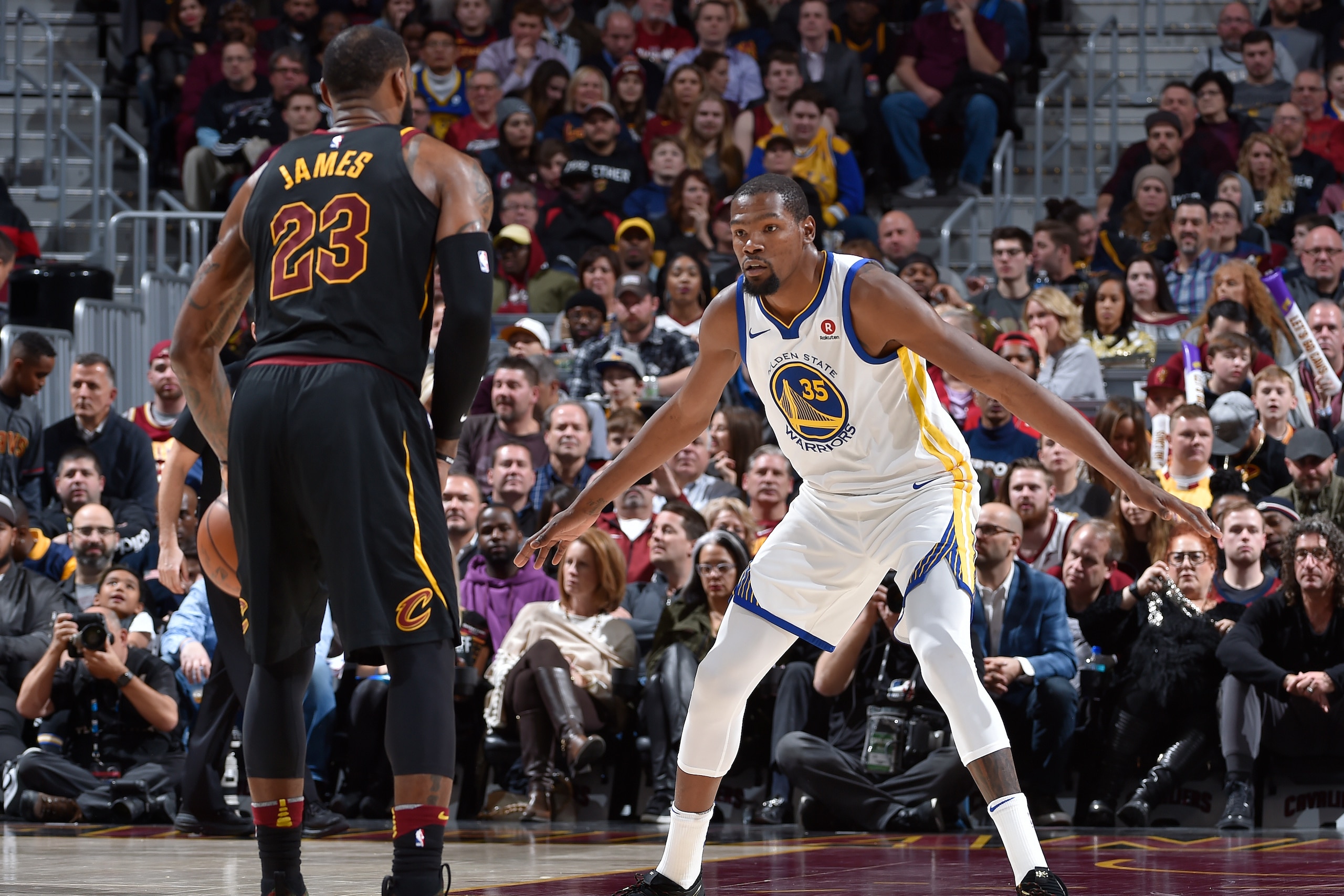 CLEVELAND, OH - JANUARY 15: Kevin Durant #35 of the Golden State Warriors defends against LeBron James #23 of the Cleveland Cavaliers on January 15, 2018 at Quicken Loans Arena in Cleveland, Ohio.  NOTE TO USER: User expressly acknowledges and agrees that