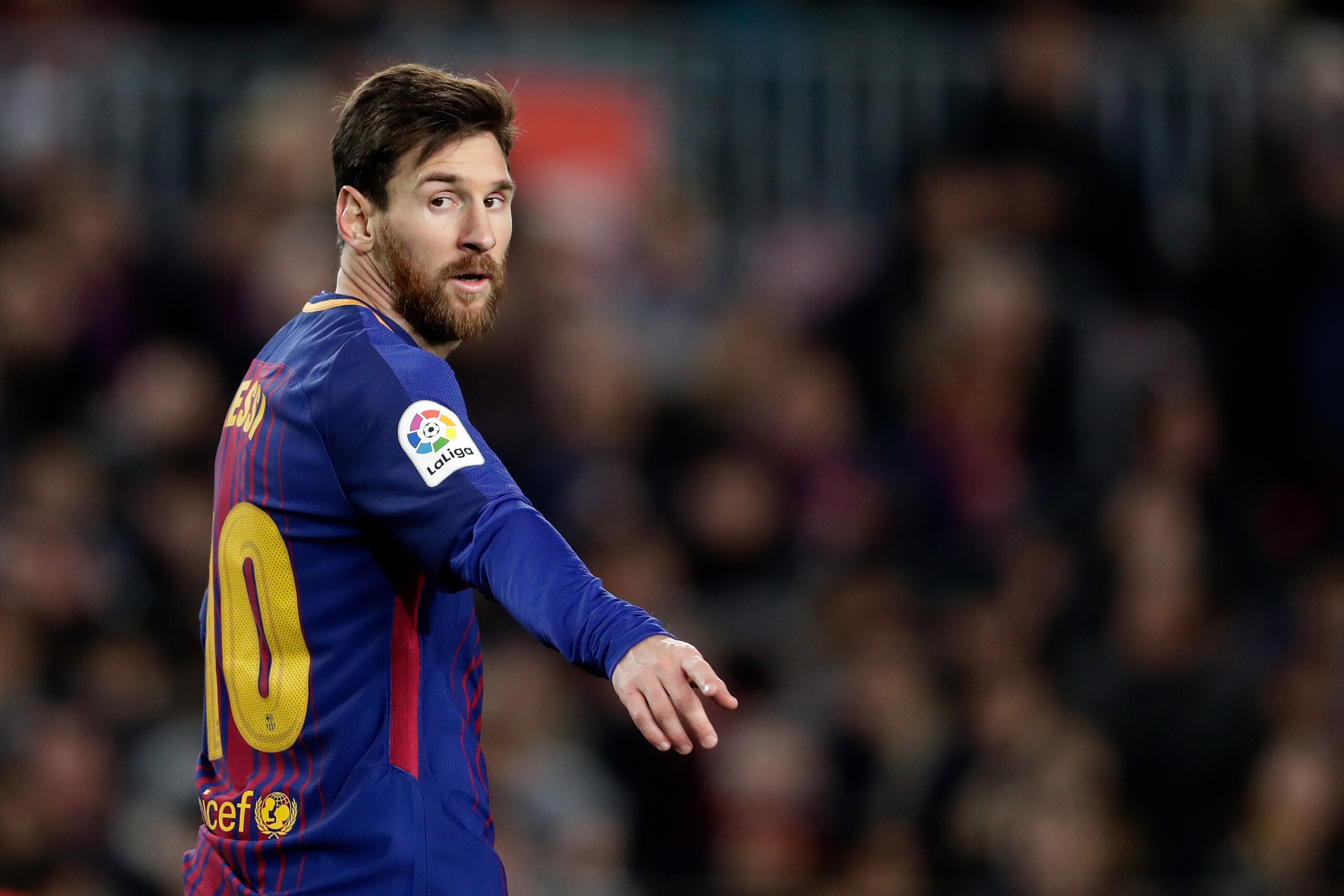 BARCELONA, SPAIN - JANUARY 28: Lionel Messi of FC Barcelona during the La Liga Santander  match between FC Barcelona v Deportivo Alaves at the Camp Nou on January 28, 2018 in Barcelona Spain (Photo by Laurens Lindhout/Soccrates/Getty Images)