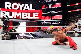 Shinsuke Nakamura celebrates winning the 2018 Royal Rumble.