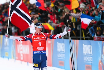 ANTHOLZ-ANTERSELVA, ITALY - JANUARY 20: Johannes Thingnes Boe of Norway takes 1st place during the IBU Biathlon World Cup Men's and Women's Pursuit on January 20, 2018 in Antholz-Anterselva, Italy. (Photo by Laurent Salino/Agence Zoom/Getty Images)