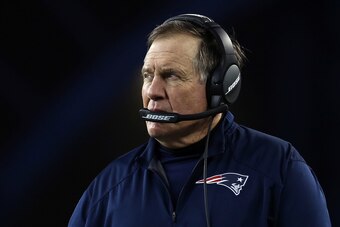 FOXBOROUGH, MA - JANUARY 21:  Head coach Bill Belichick of the New England Patriots reacts in the third quarter during the AFC Championship Game against the Jacksonville Jaguars at Gillette Stadium on January 21, 2018 in Foxborough, Massachusetts.  (Photo