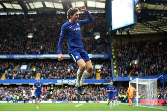 LONDON, ENGLAND - JANUARY 28:  Marcos Alonso of Chelsea celebrates after scoring his sides third goal during The Emirates FA Cup Fourth Round match between Chelsea and Newcastle on January 28, 2018 in London, United Kingdom.  (Photo by Julian Finney/Getty