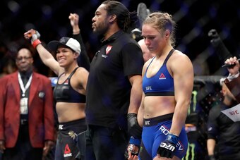 The post-fight scene after Amanda Nunes vs. Ronda Rousey.