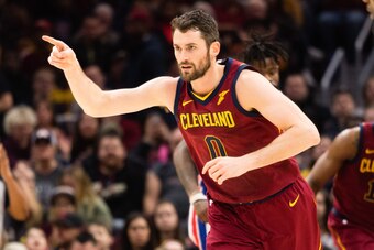 CLEVELAND, OH - JANUARY 28: Kevin Love #0 of the Cleveland Cavaliers celebrates after scoring during the first half against the Detroit Pistons at Quicken Loans Arena on January 28, 2018 in Cleveland, Ohio. NOTE TO USER: User expressly acknowledges and ag