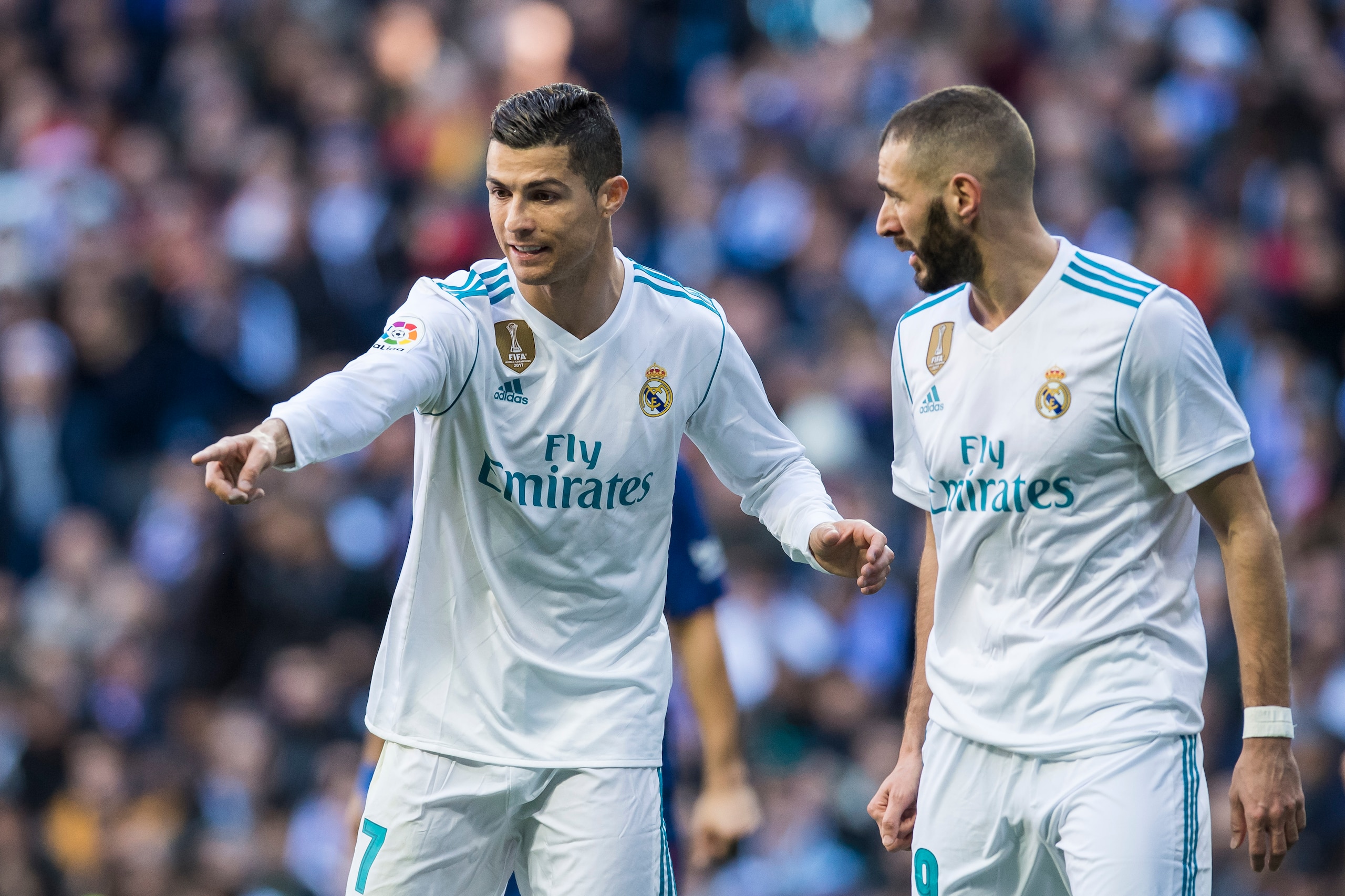 MADRID, SPAIN - DECEMBER 23: Cristiano Ronaldo (L) of Real Madrid talks to teammate Karim Benzema during the La Liga 2017-18 match between Real Madrid and FC Barcelona at Santiago Bernabeu Stadium on December 23 2017 in Madrid, Spain. (Photo by Power Spor