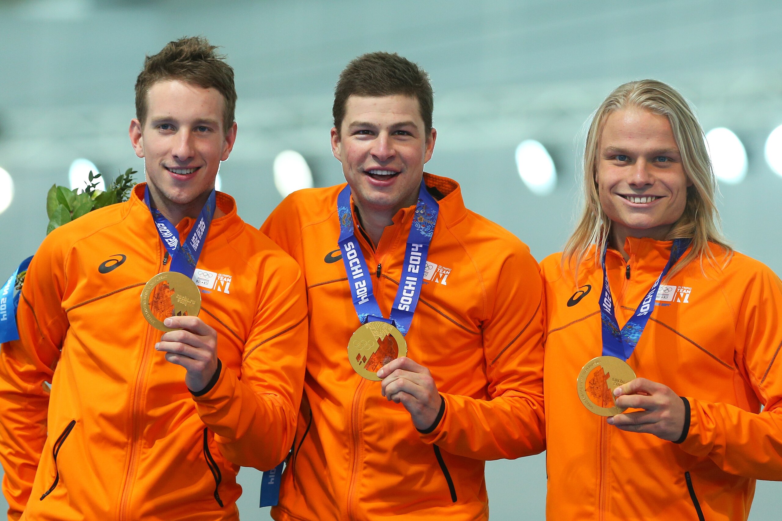 SOCHI, RUSSIA - FEBRUARY 22:  Gold medalists Netherlands celebrate during the medal ceremony for 

the Speed Skating Men's Team Pursuit on day fifteen of the Sochi 2014 Winter Olympics at  at Adler Arena Skating Center on February 22, 2014 in Sochi, Russi