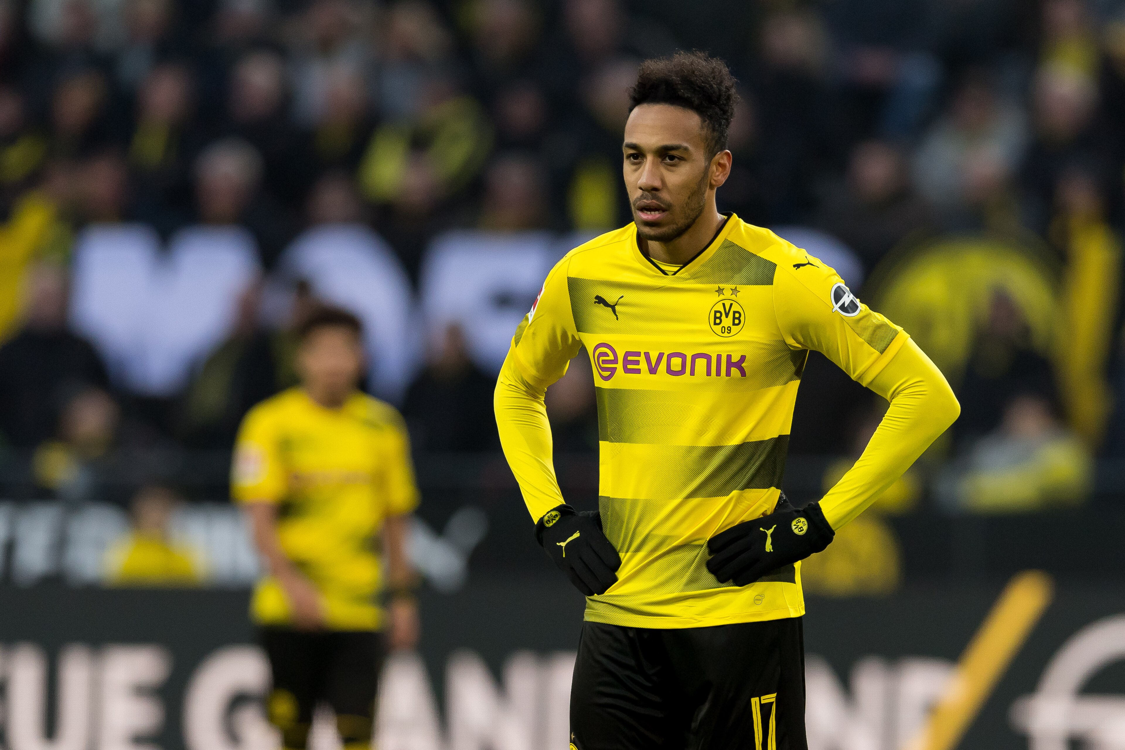 DORTMUND, GERMANY - JANUARY 27: Pierre-Emerick Aubameyang of Dortmund looks on during the Bundesliga match between Borussia Dortmund and Sport-Club Freiburg at Signal Iduna Park on January 27, 2018 in Dortmund, Germany. (Photo by TF-Images/TF-Images via G