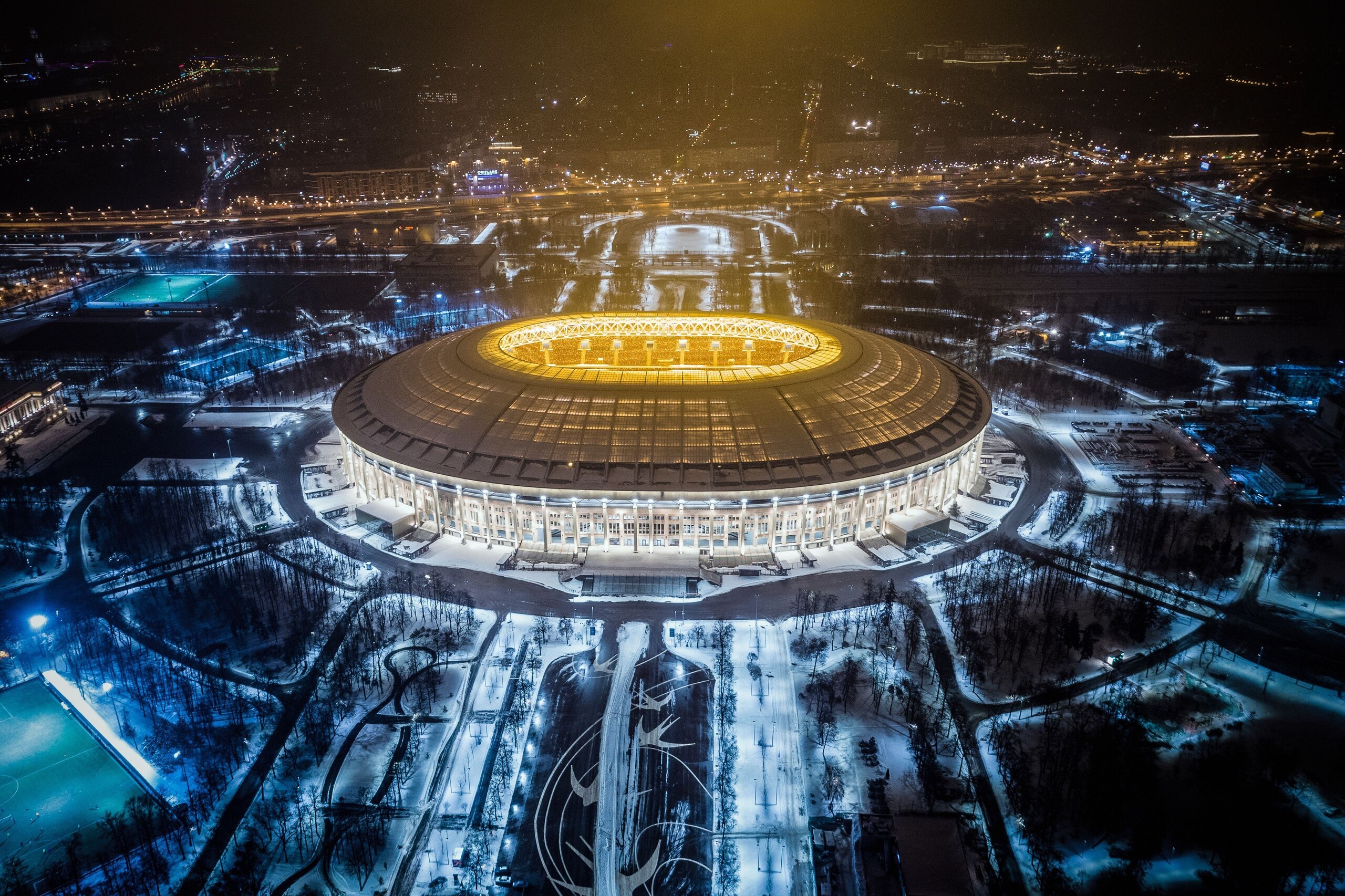 An aerial view taken with a drone shows Luzhniki Stadium in Moscow on January 24, 2018. 
Luzhniki Stadium will host seven matches including the final of the 2018 FIFA World Cup football tournament. / AFP PHOTO / DMITRY SEREBRYAKOV        (Photo credit sho