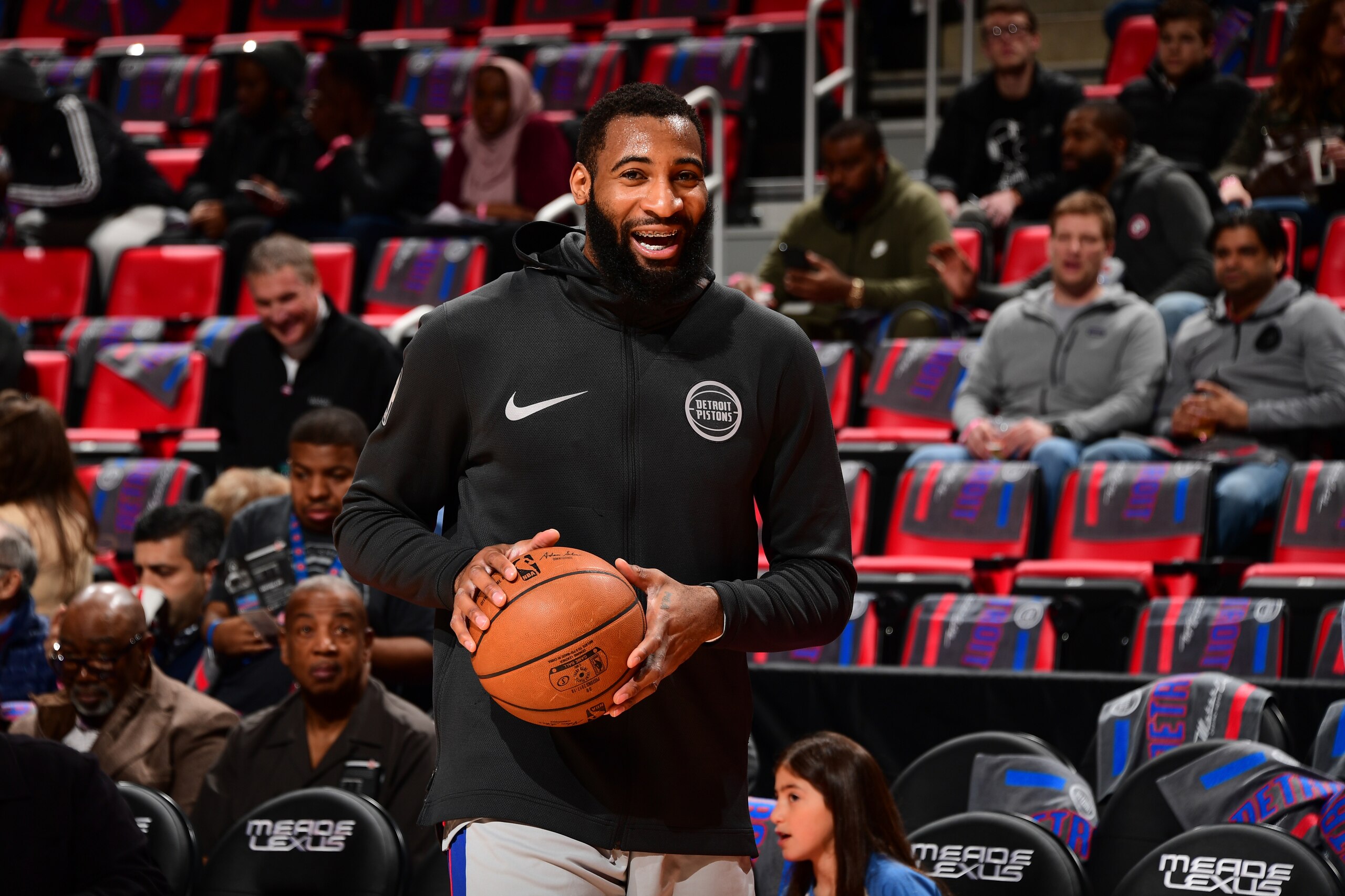 DETROIT, MI - JANUARY 27: Andre Drummond #0 of the Detroit Pistons warms up prior to the game against the Oklahoma City Thunder on January 27, 2018 at Little Caesars Arena in Detroit, Michigan. NOTE TO USER: User expressly acknowledges and agrees that, by
