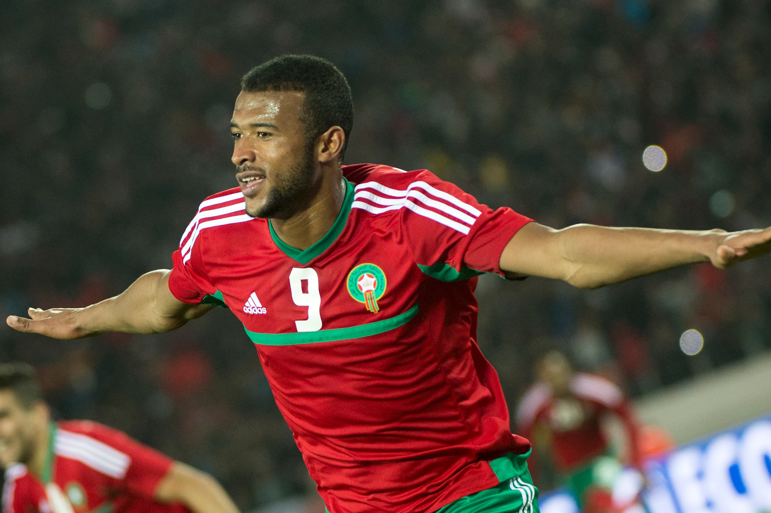 Morocco's Ayoub el-Kaabi celebrates after scoring during the semi-final football match in the African Nations Championship between Morocco and Libya at the Mohammed V Casablanca Stadium on January 31, 2018. / AFP PHOTO / Fadel SENNA        (Photo credit s